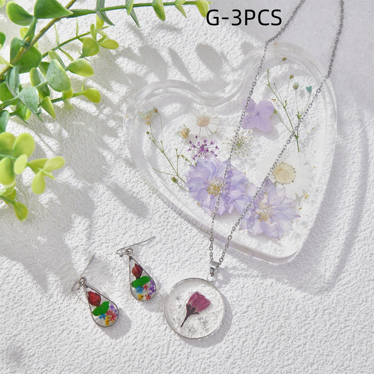 3/5PCS Resin Purple Dried Flowers Necklaces/Earrings/Tray Real Purple Flower Jewelry Sets