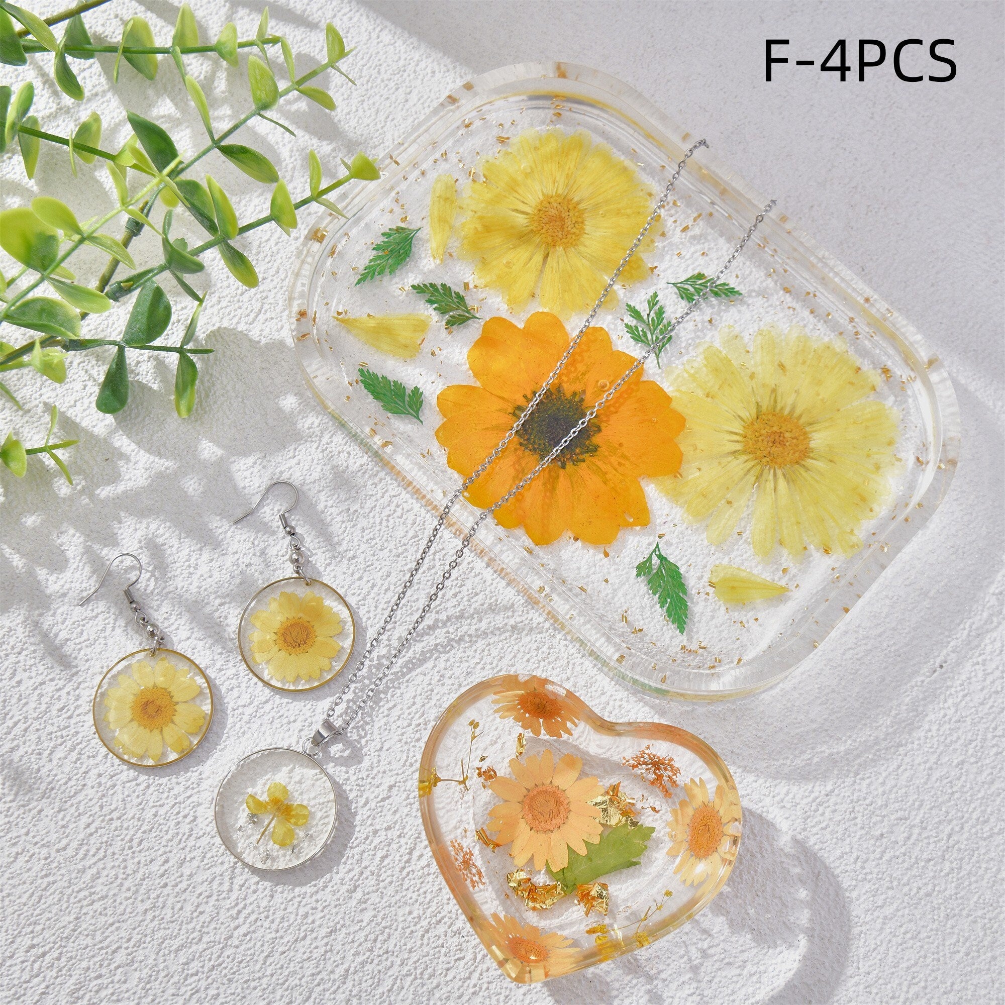 3/4PCS Resin Dried Flowers Necklaces/Earrings/Tray Real Yellow Flower Jewelry Sets