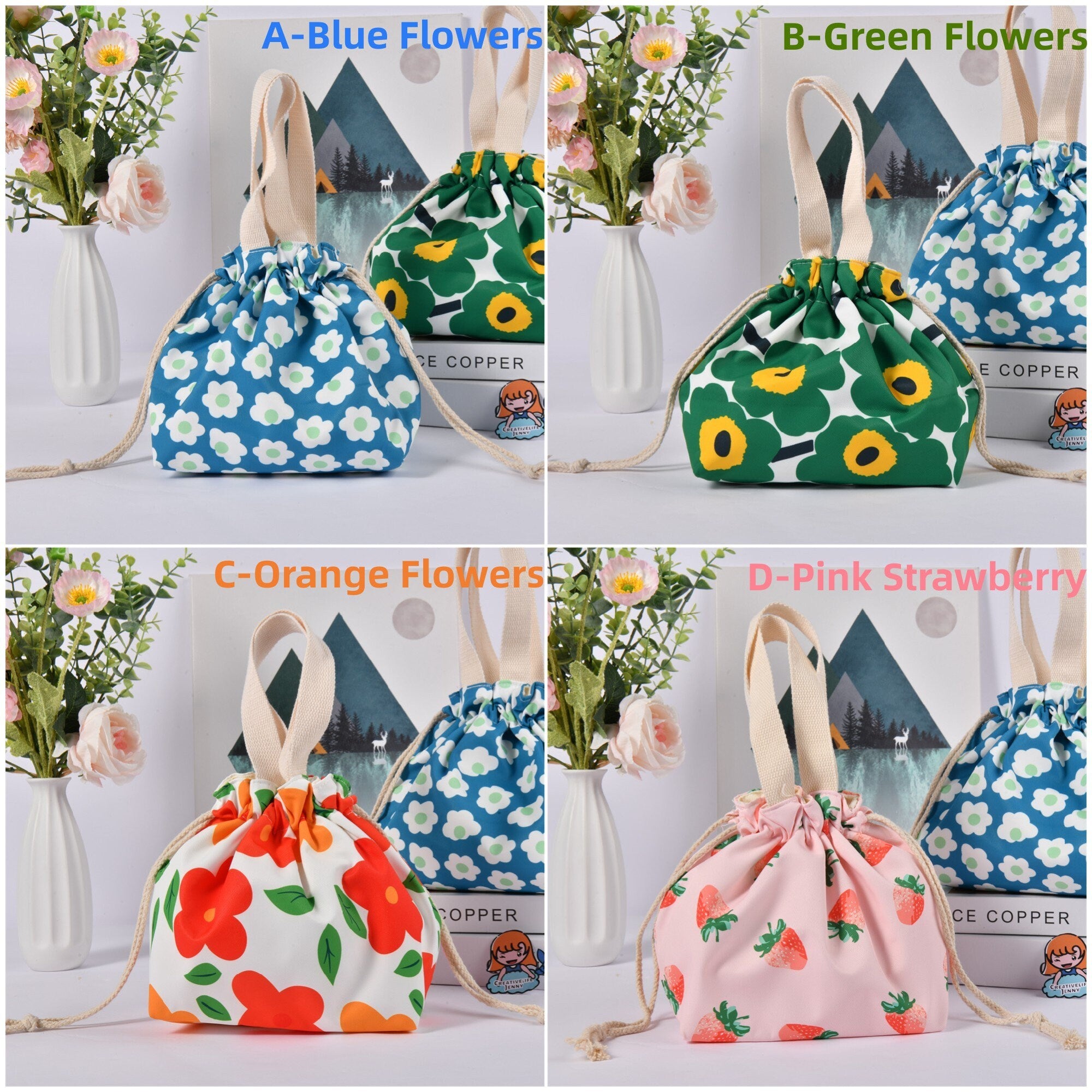 Janpansese Style Flowers Strawberry Drawstring Lunch Tote Bag