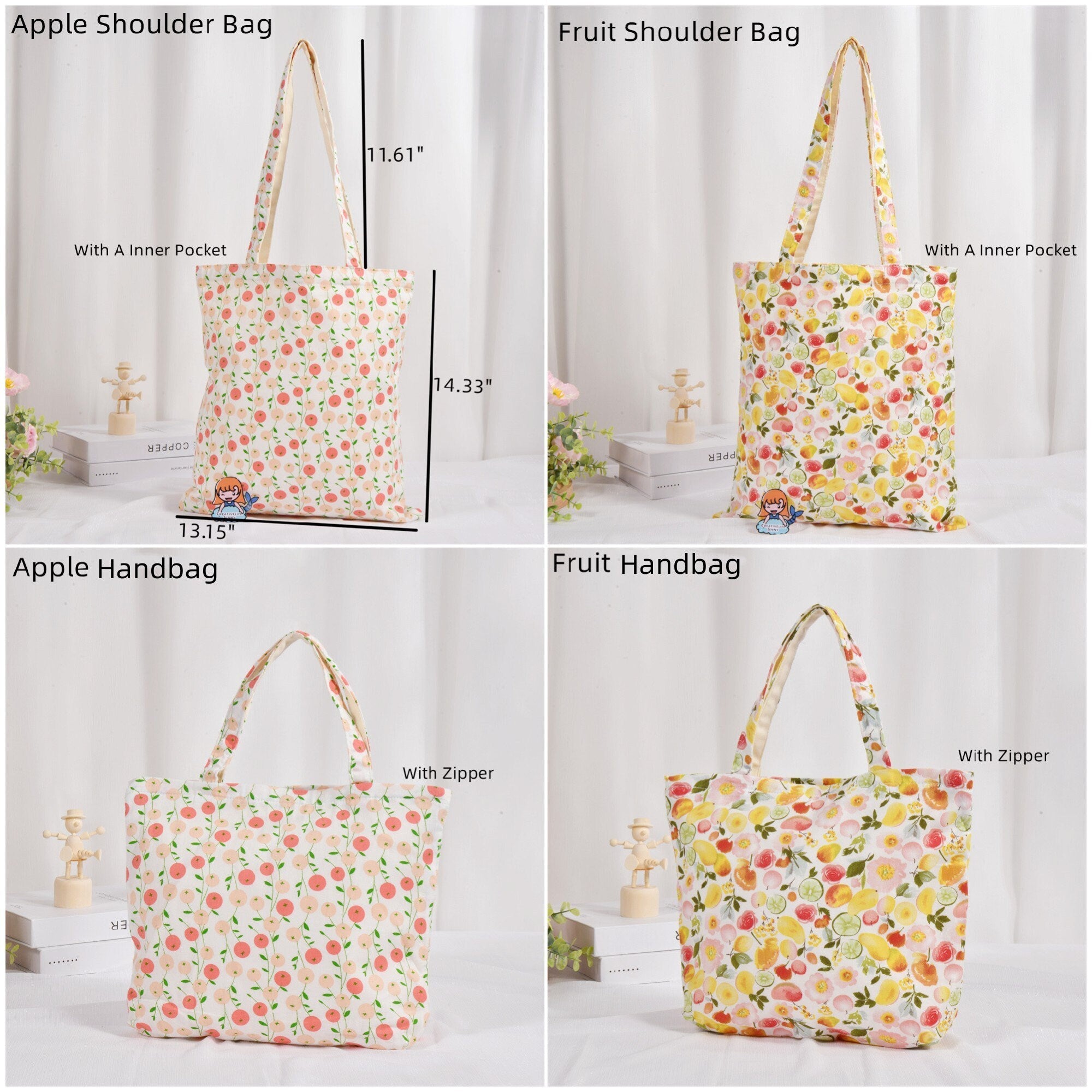 Apple Fruit Totes, Shoulder Bag with Zipper