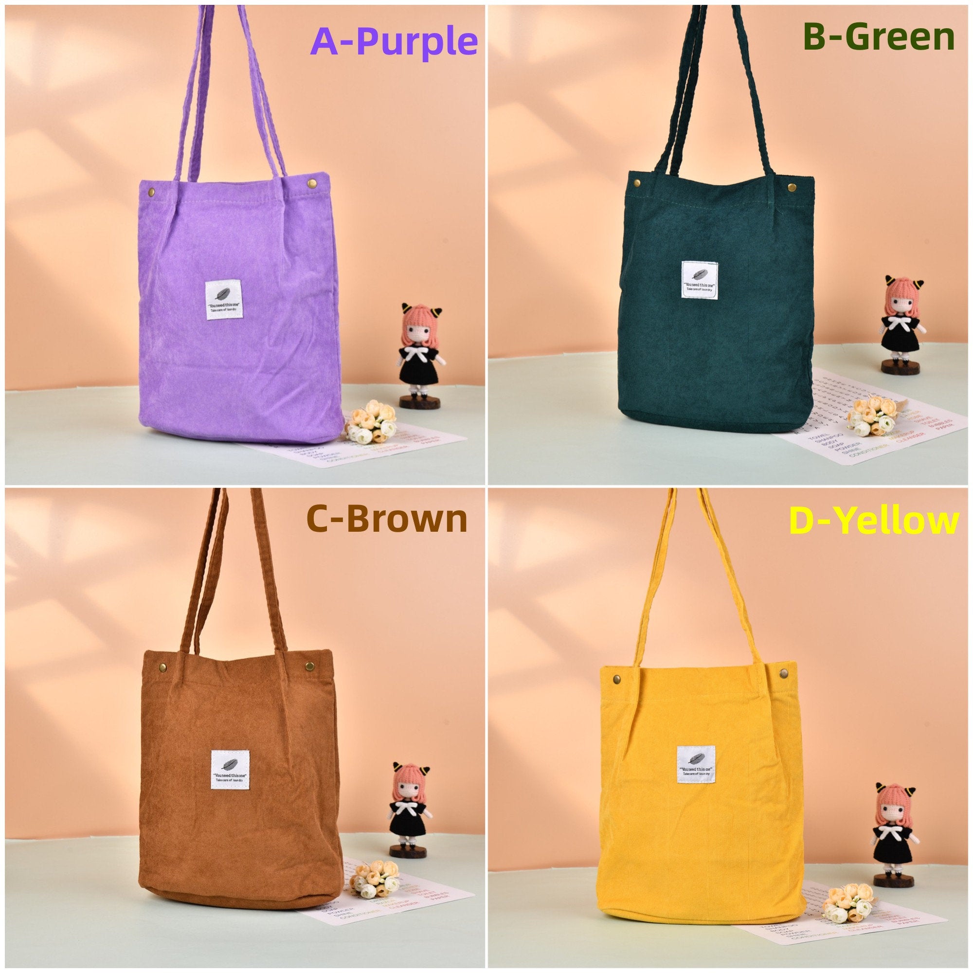 Minimalist Corduroy Solid Tote Bag