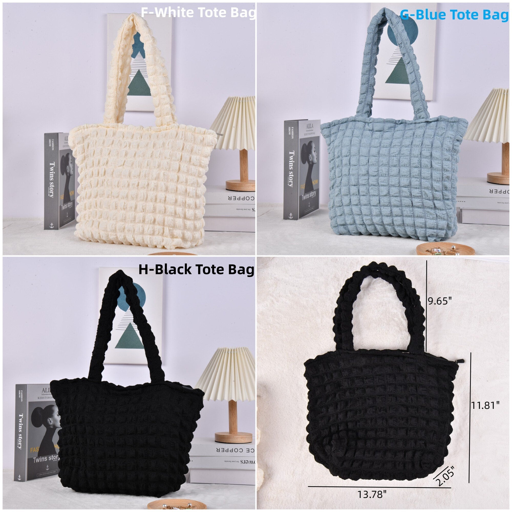 White Black Blue Solid Color Tote Bags/Shoulder Bag with Zipper or Pocket