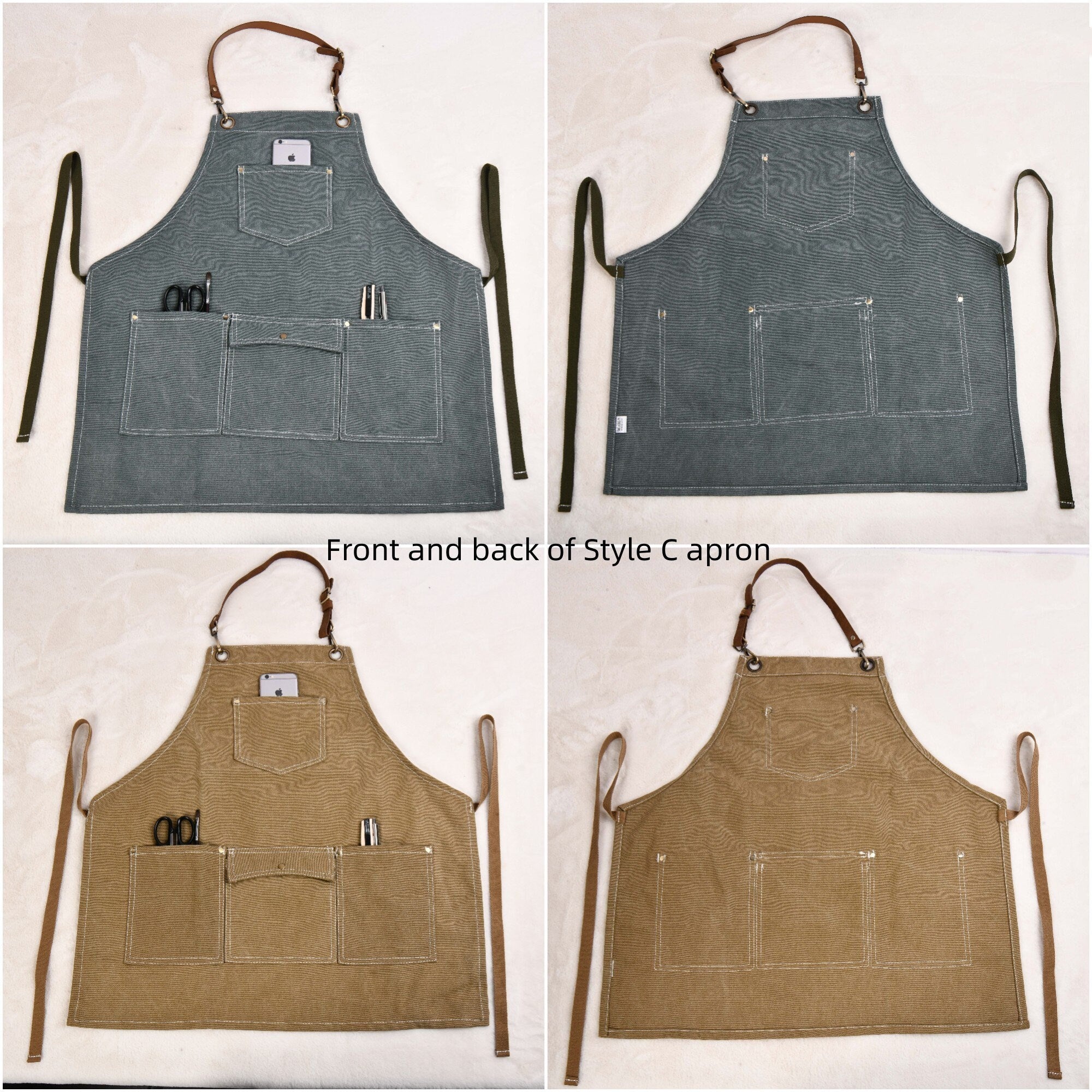 Handmade Garden Apron with Multiple Pockets/Neck Leather Strap