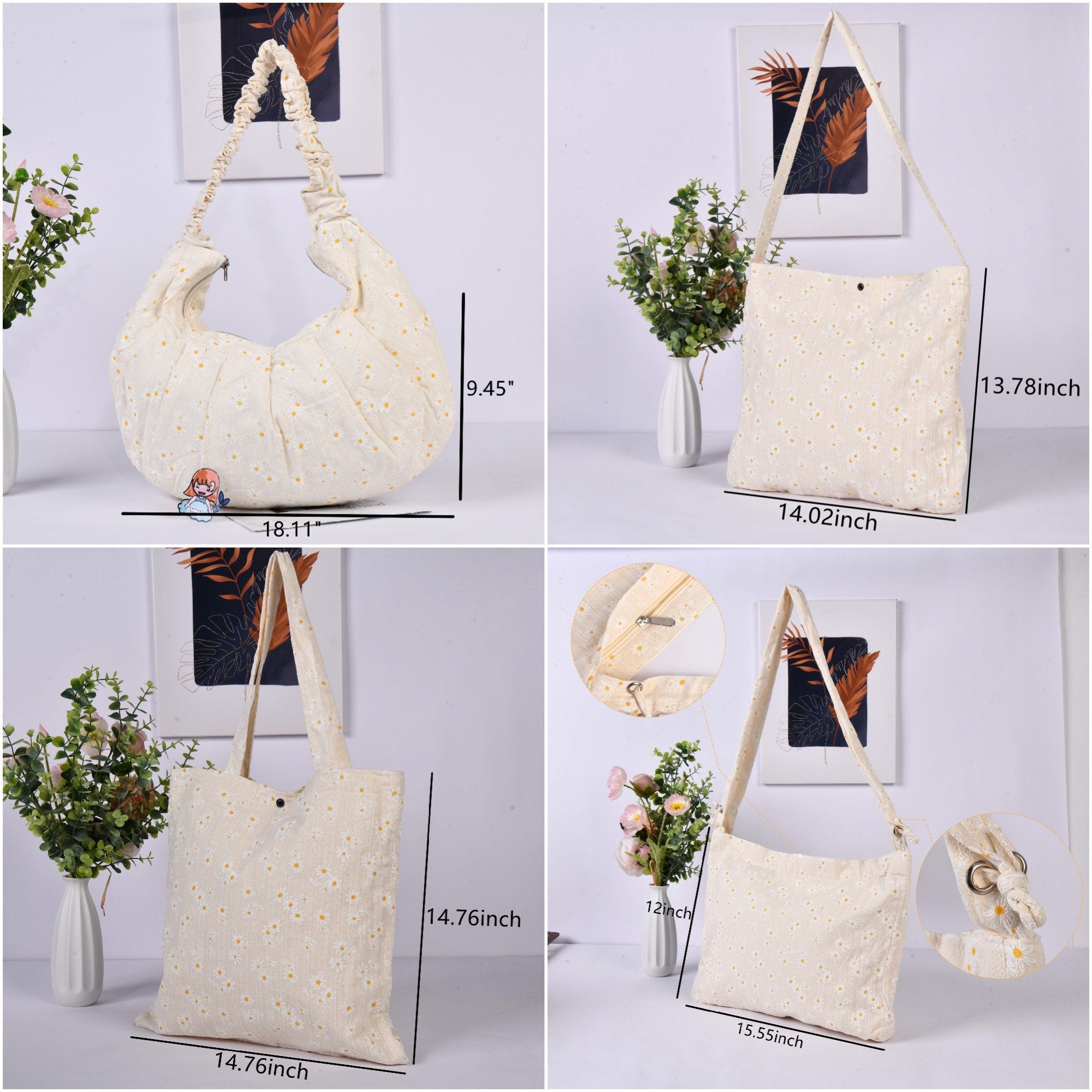 Handmade Embroidered White Daisy Flowers Tote Bag