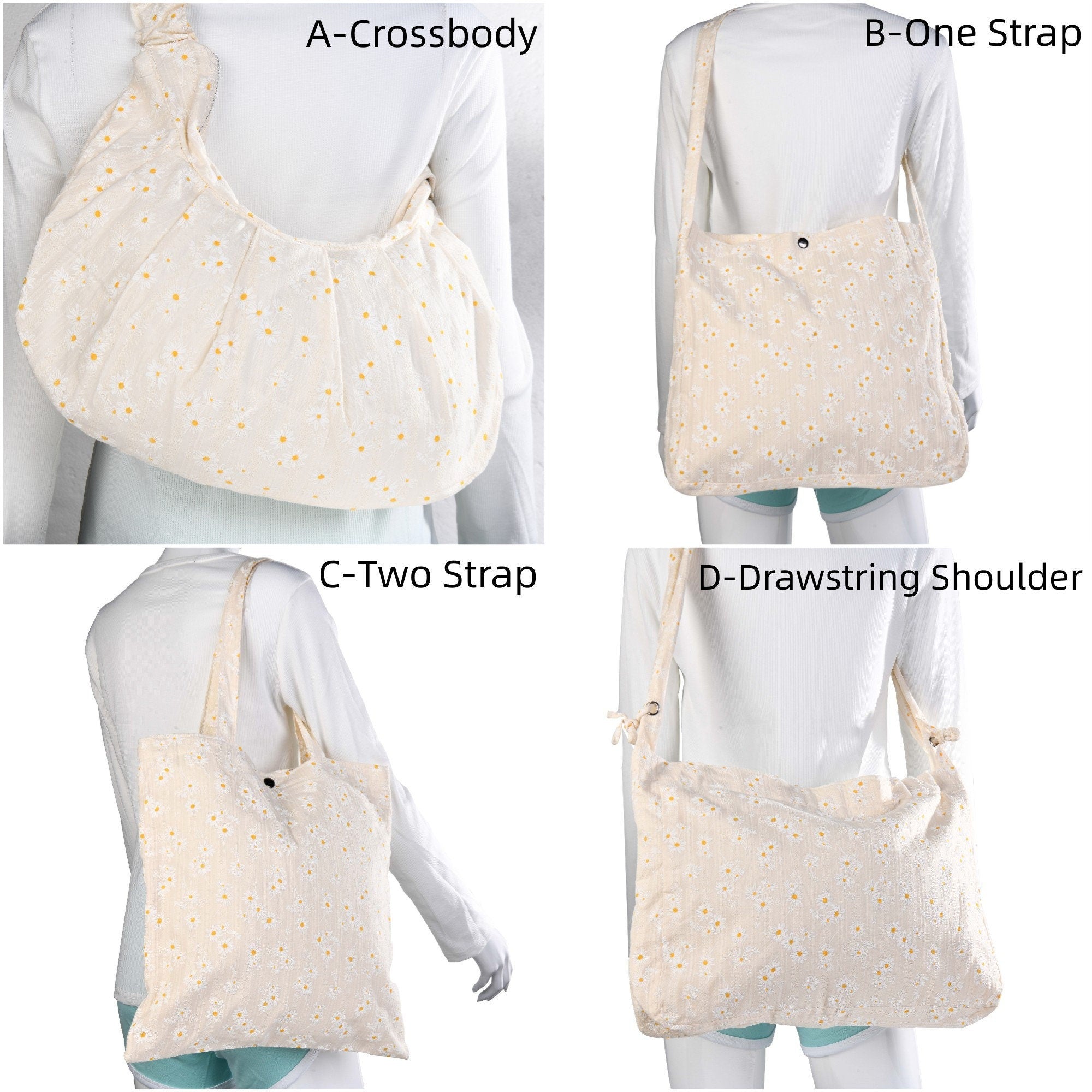 Handmade Embroidered White Daisy Flowers Tote Bag