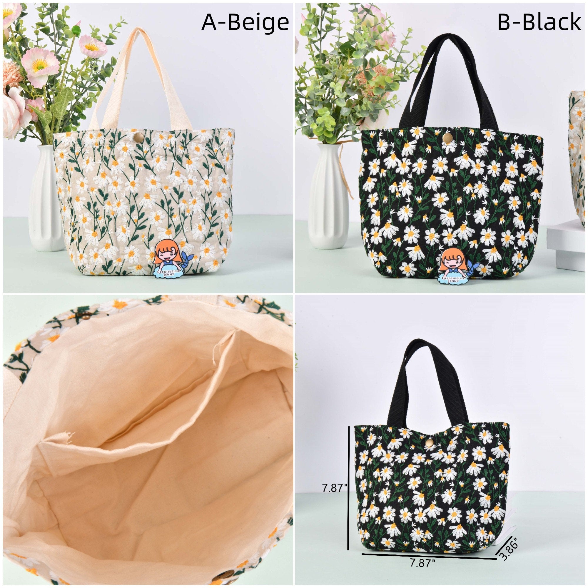 Embroidered White Daisy Cute Cotton Linen Tote Bag