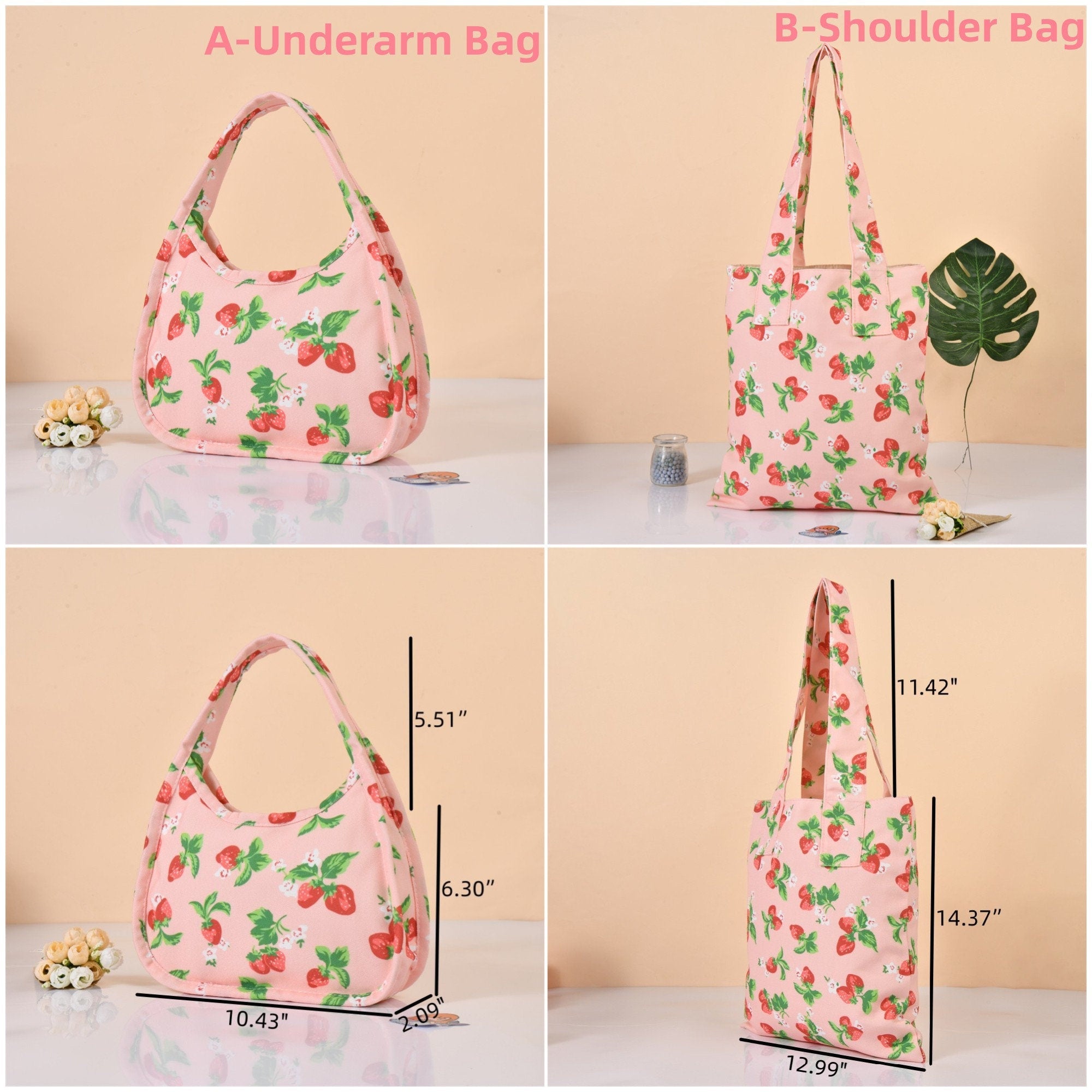 Handmade Cute Pink Strawberry Tote Bag