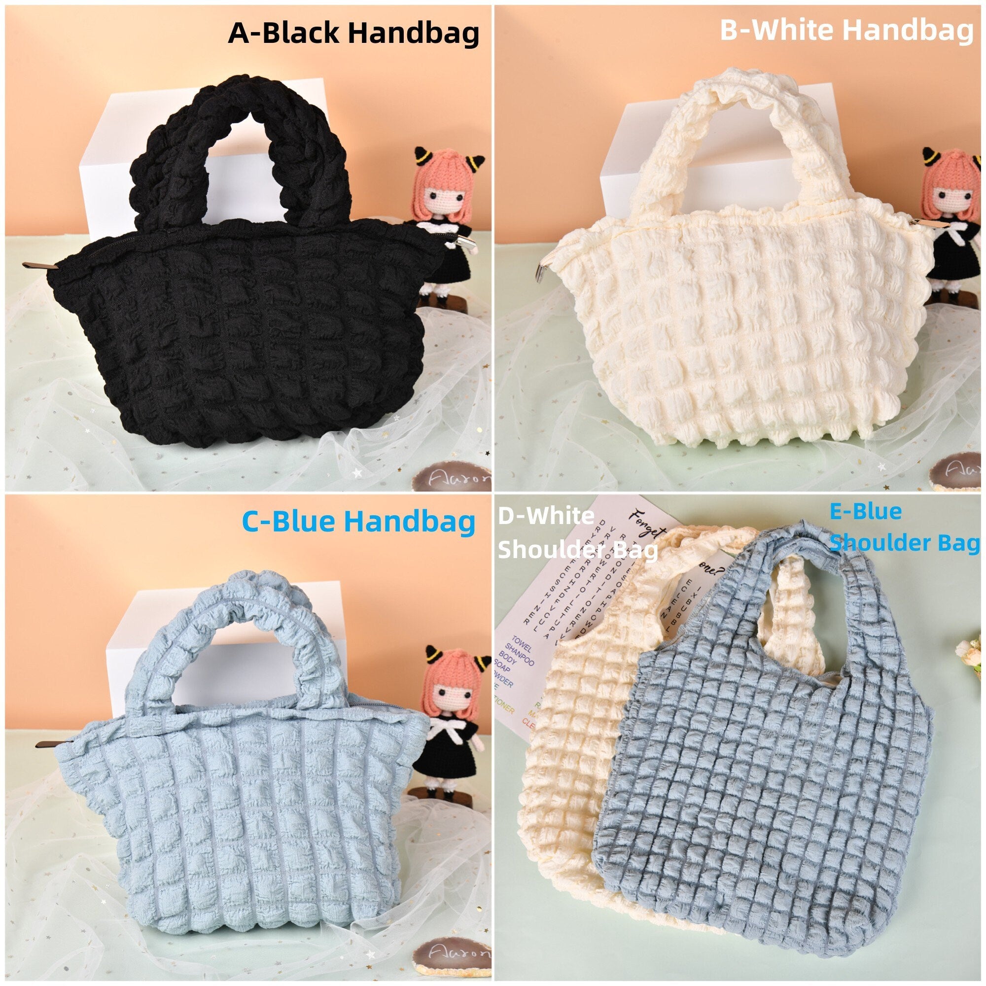 White Black Blue Solid Color Tote Bags/Shoulder Bag with Zipper or Pocket