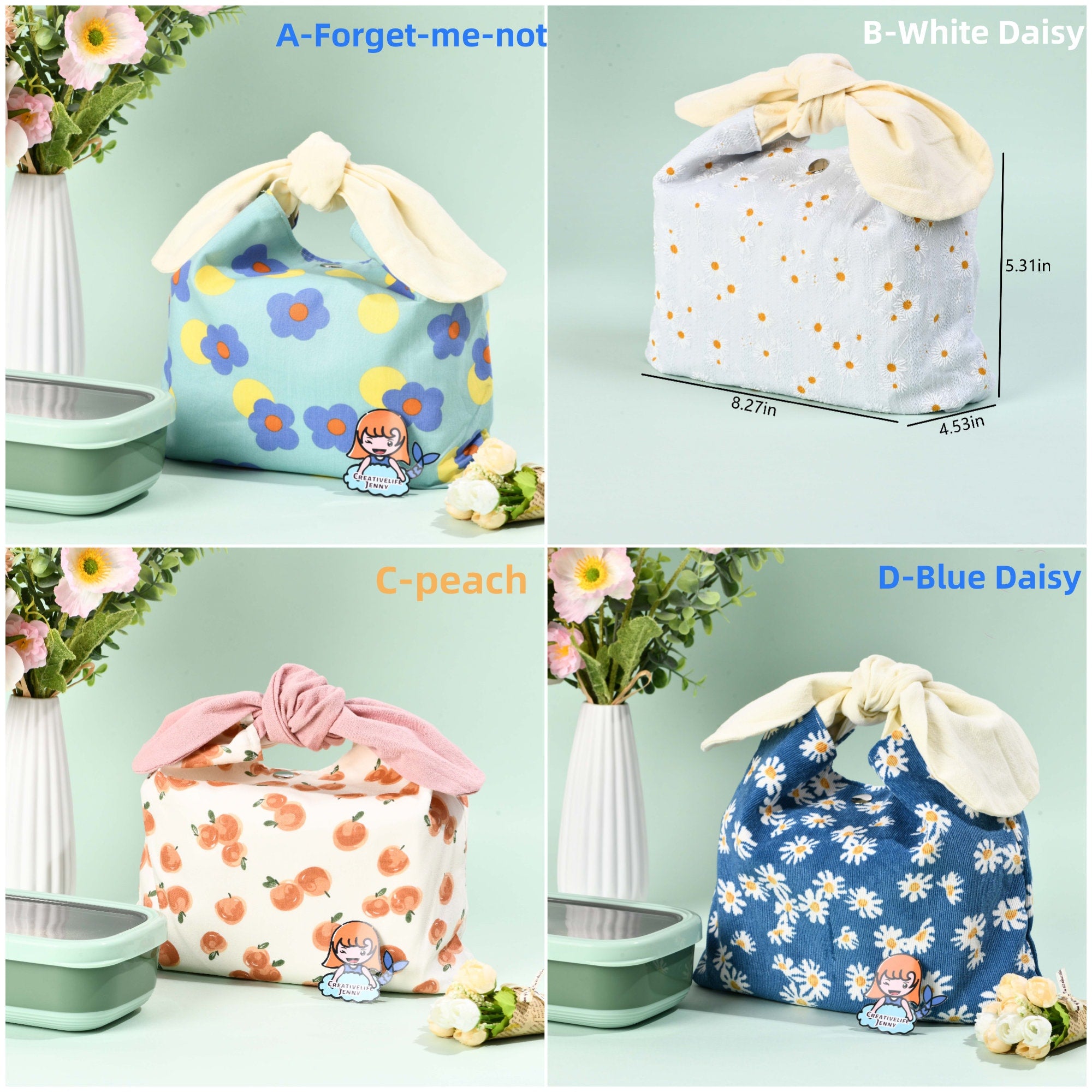 Cute Rabbit Ears Corduroy Embroidered Daisy Lunch Box Bag