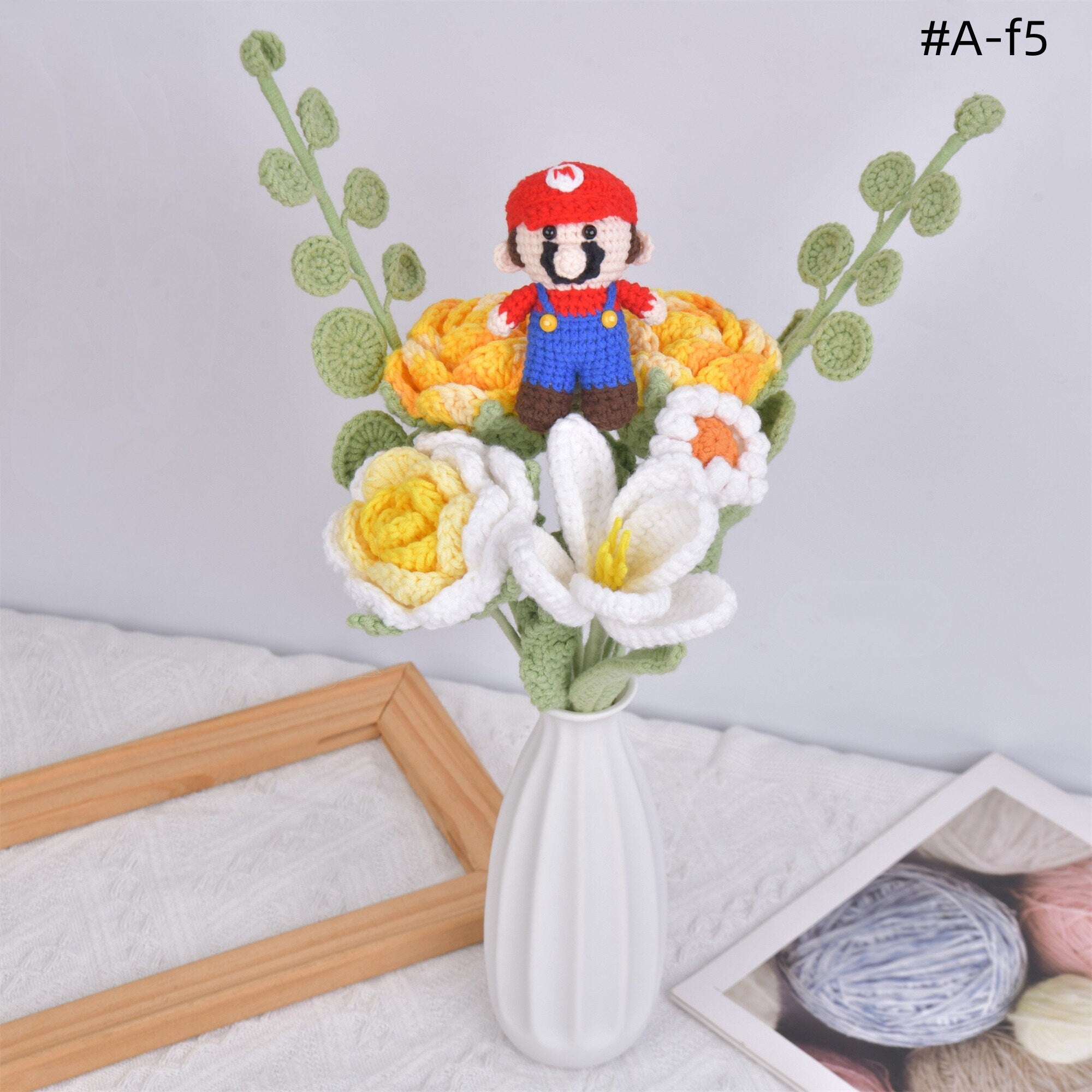 8PCS Handmade Mario Toys Crochet Bouquet:ROSE/TULIP/DAISY/SUNFLOWERS