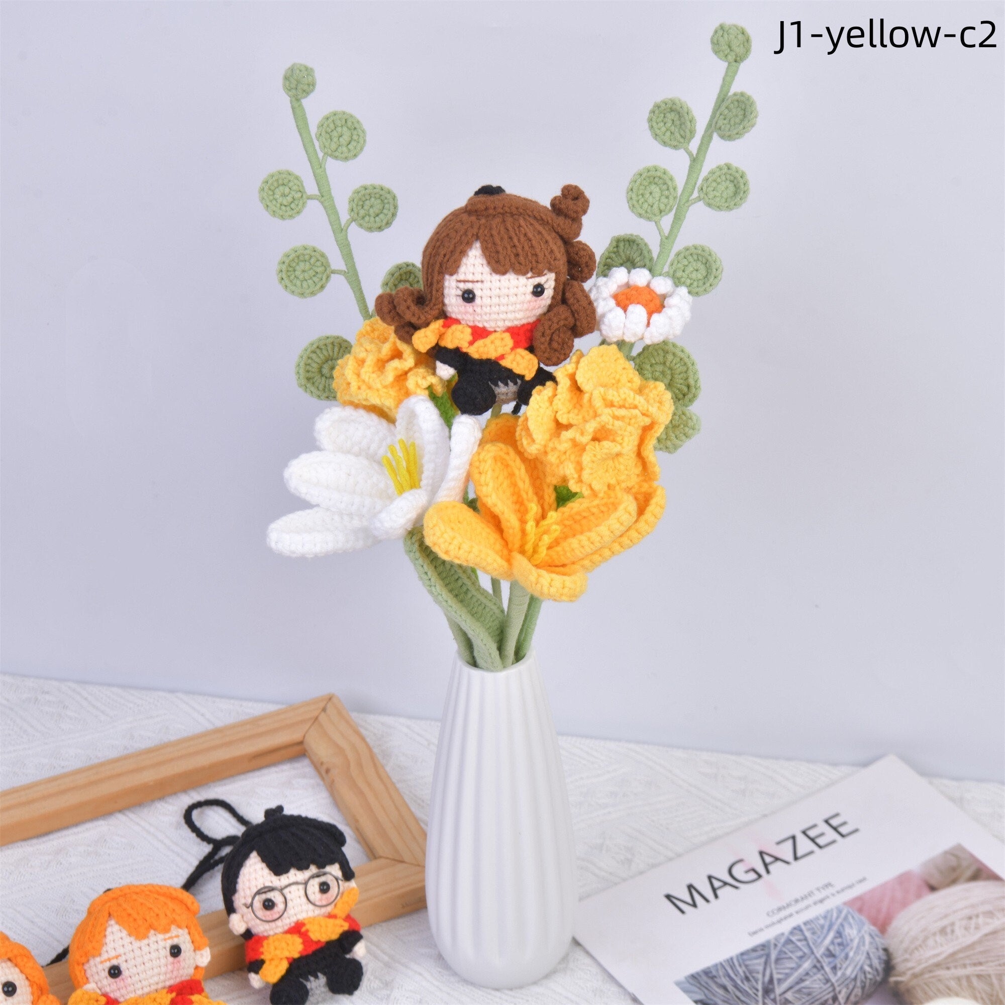 8PCS Handmade Harry Potter Doll Carnations/Tulip/Daisy/Eucalyptus Crochet Bouquet