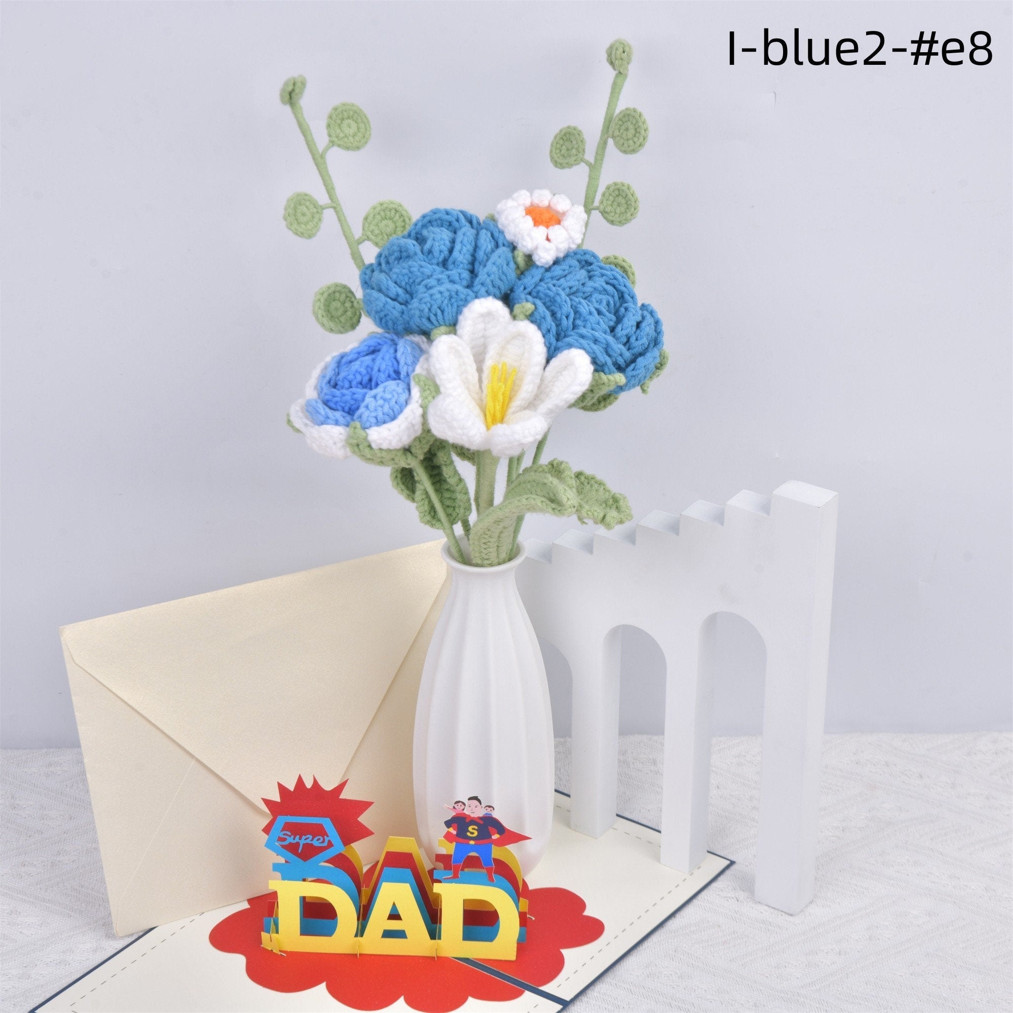 Handmade Blue Roses/Tulips/Daisy/Eucalyptus Crochet Bouquet with Gift Card