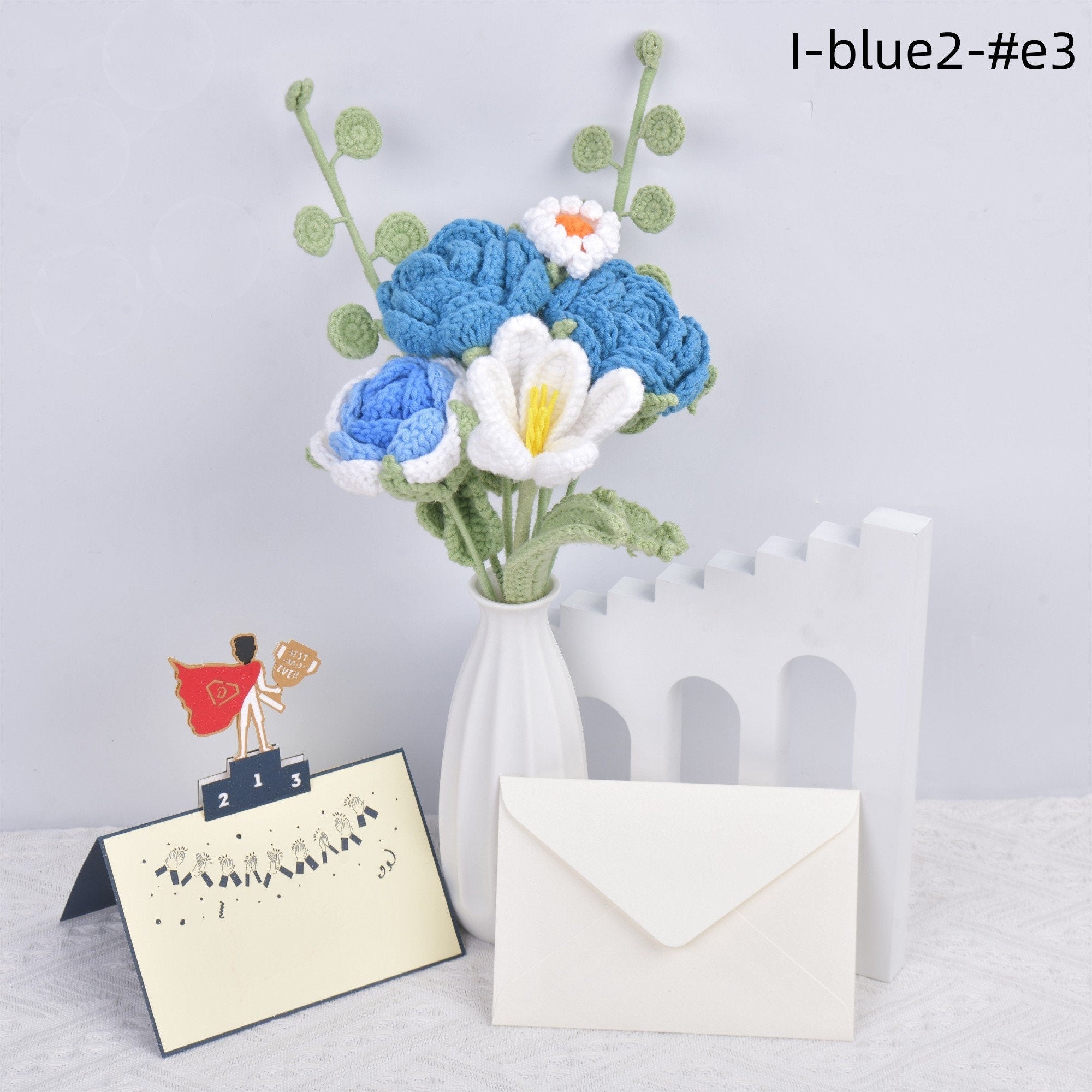 Handmade Blue Roses/Tulips/Daisy/Eucalyptus Crochet Bouquet with Gift Card