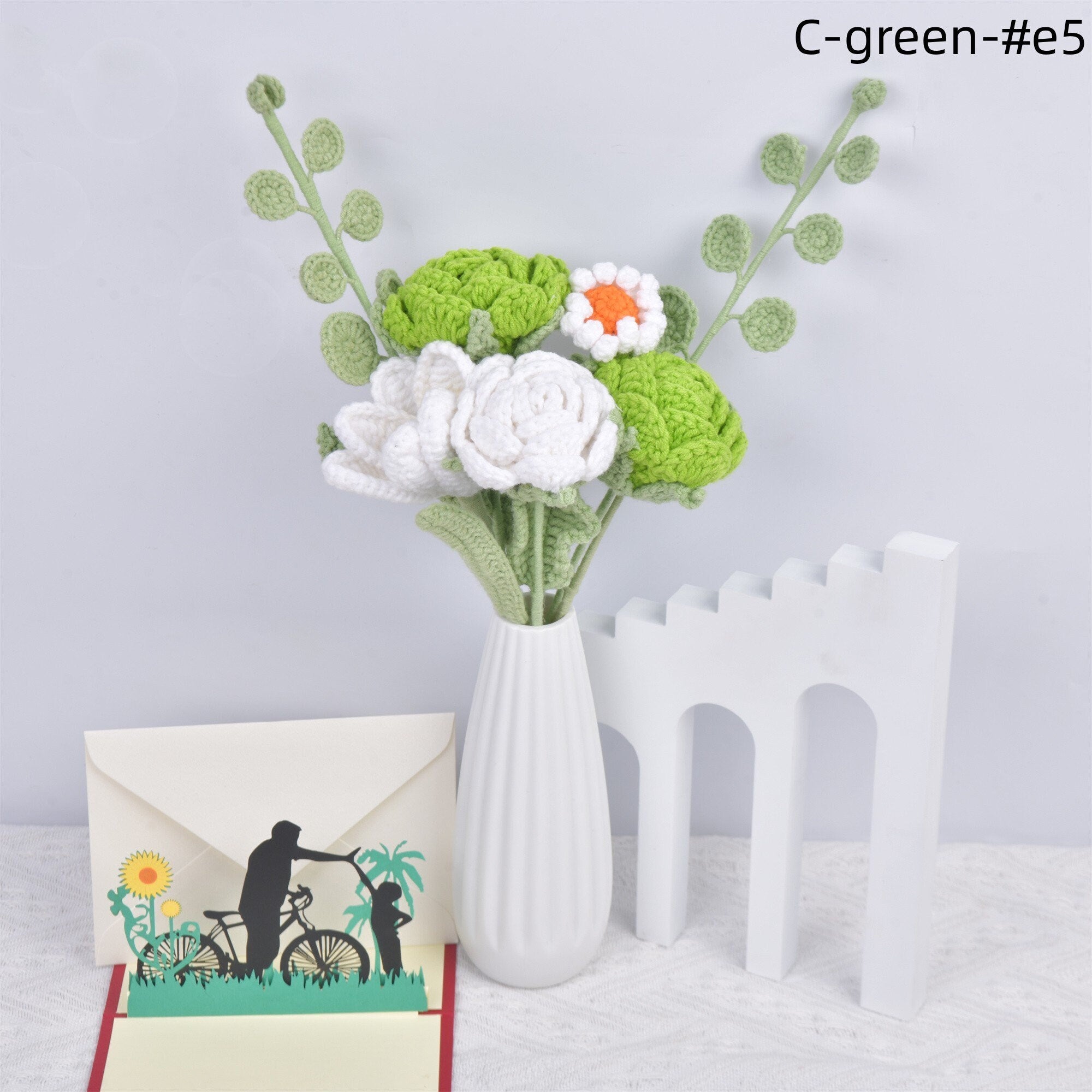 Handmade Green Roses/Tulips/Daisy/Eucalyptus Crochet Bouquet with Gift Card