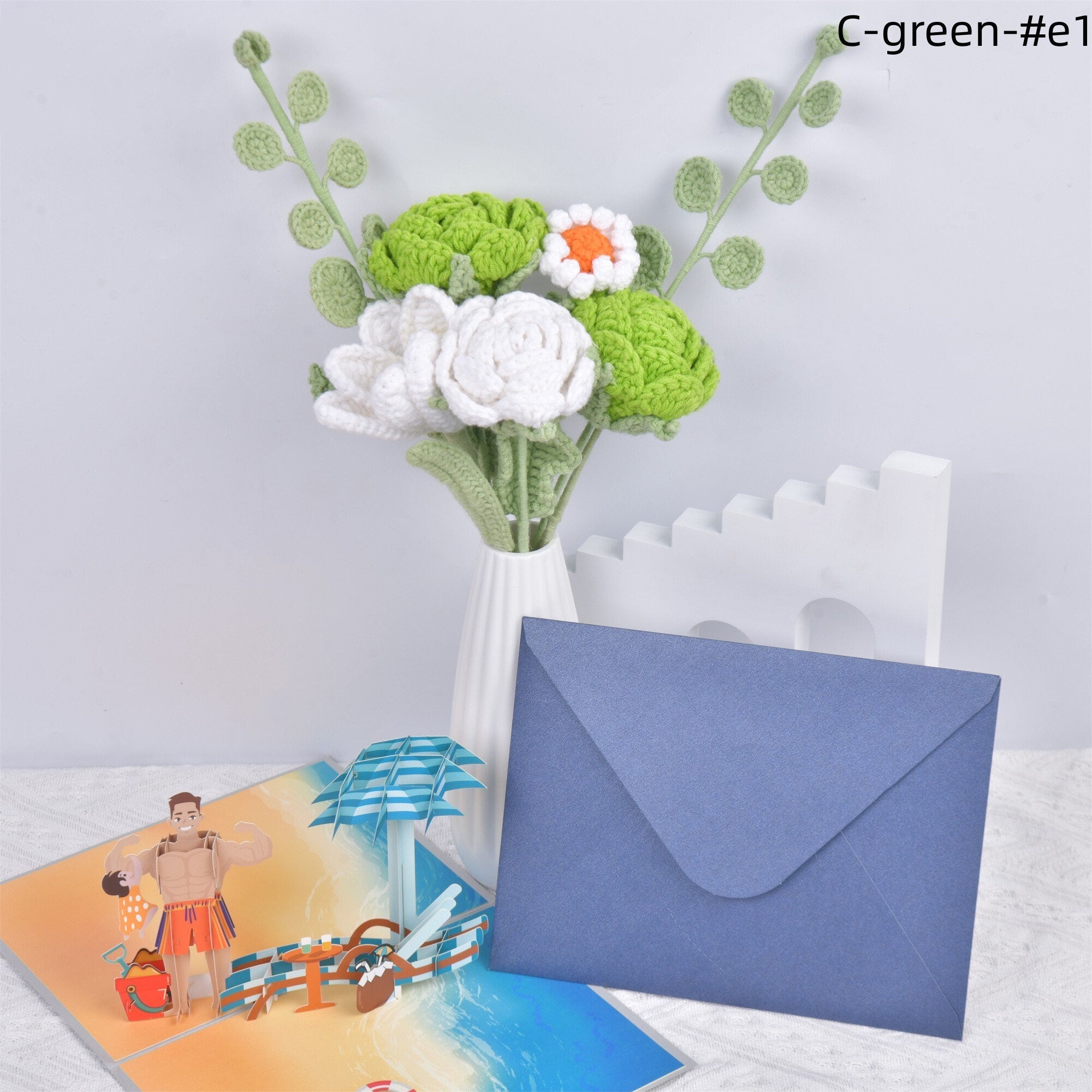Handmade Green Roses/Tulips/Daisy/Eucalyptus Crochet Bouquet with Gift Card