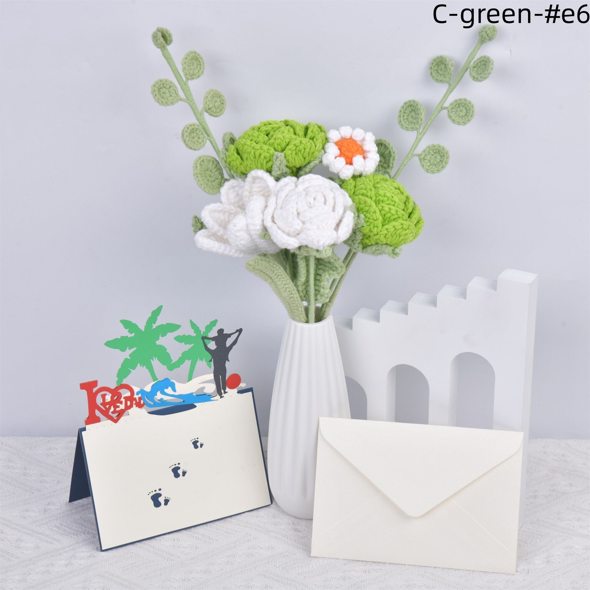 Handmade Green Roses/Tulips/Daisy/Eucalyptus Crochet Bouquet with Gift Card