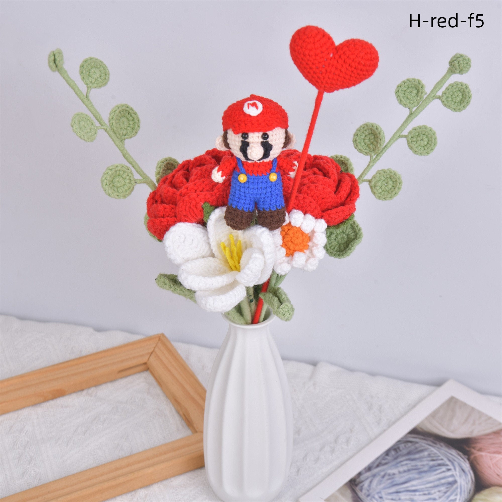 8PCS Handmade Mario Toys Crochet Bouquet:ROSE/TULIP/DAISY/SUNFLOWERS