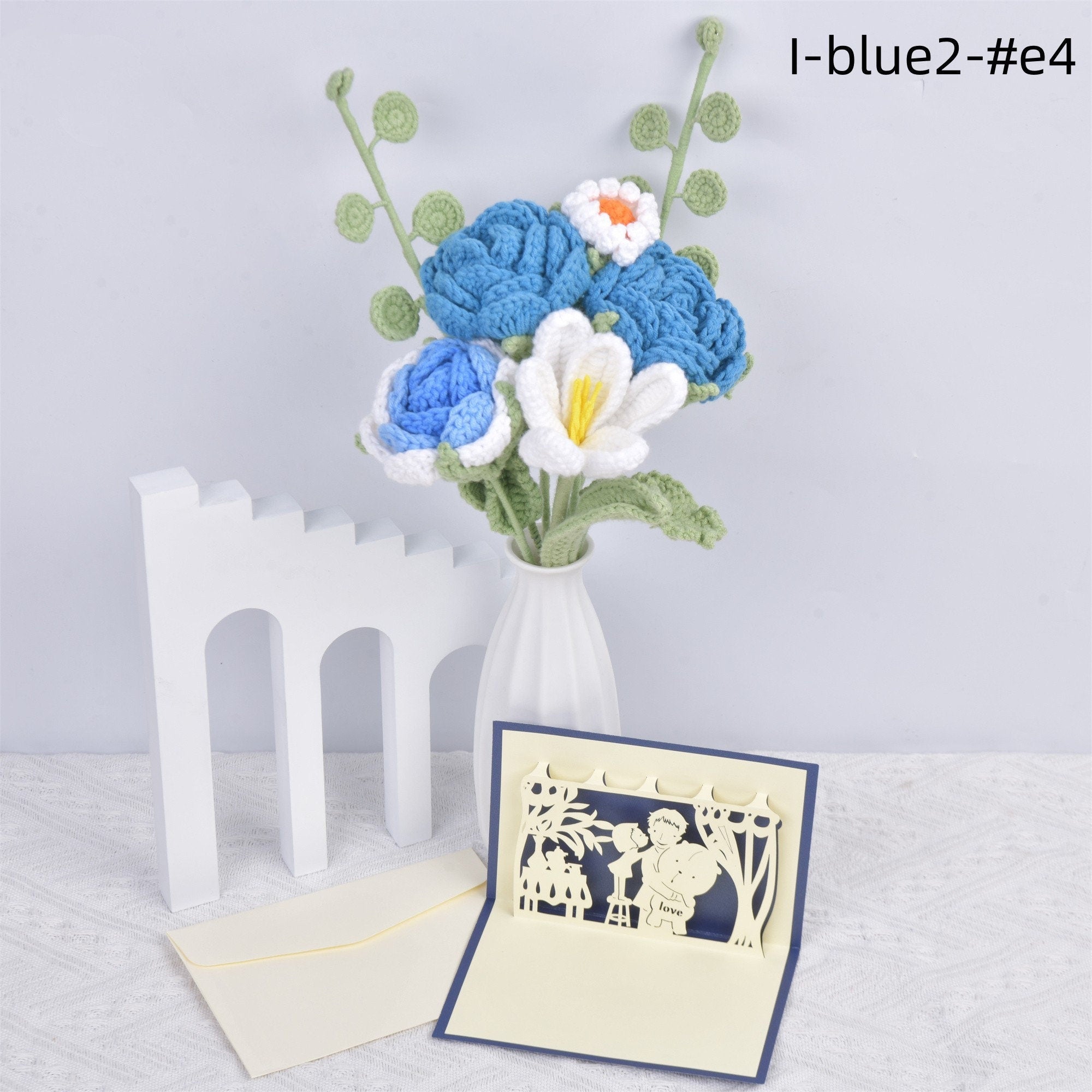 Handmade Blue Roses/Tulips/Daisy/Eucalyptus Crochet Bouquet with Gift Card