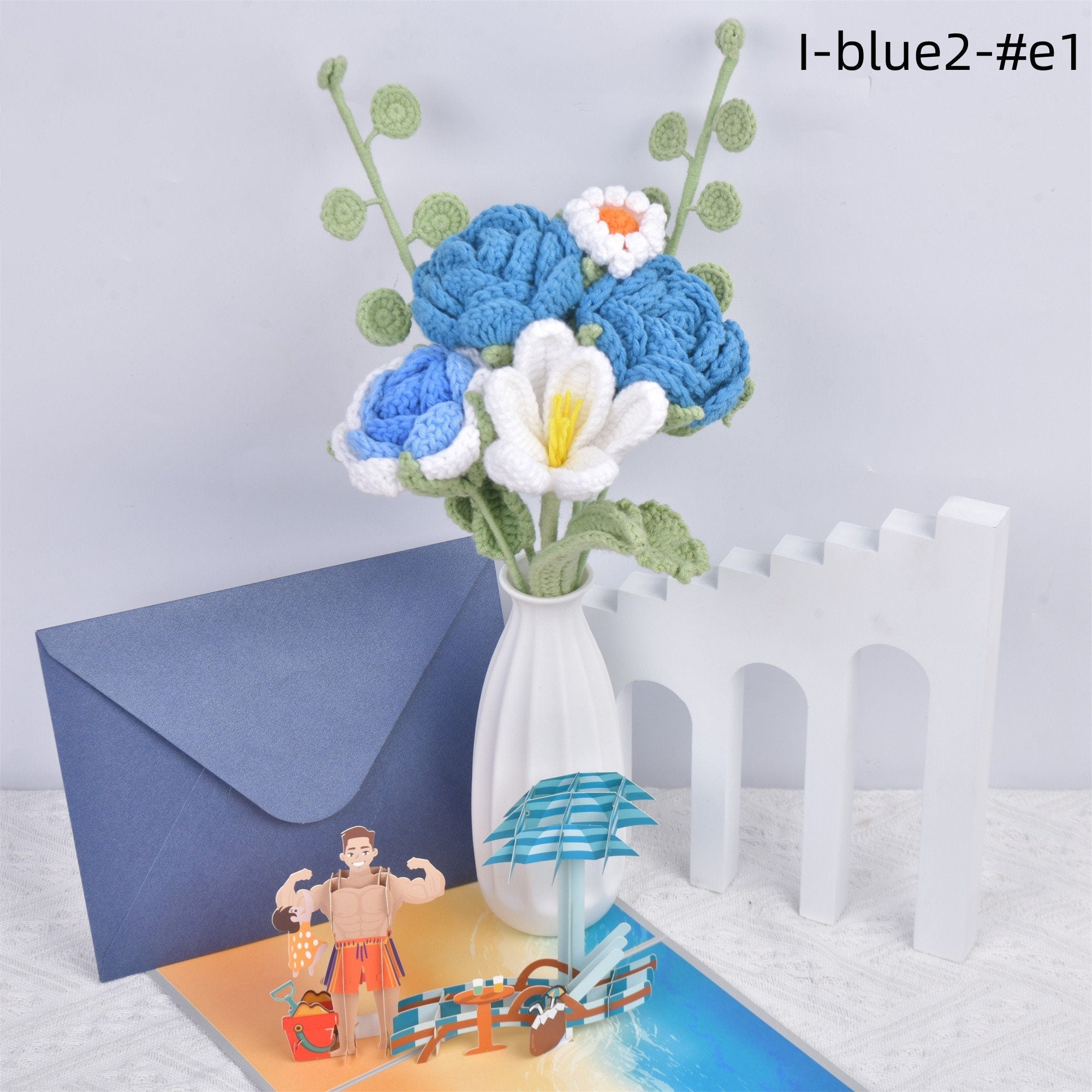 Handmade Blue Roses/Tulips/Daisy/Eucalyptus Crochet Bouquet with Gift Card