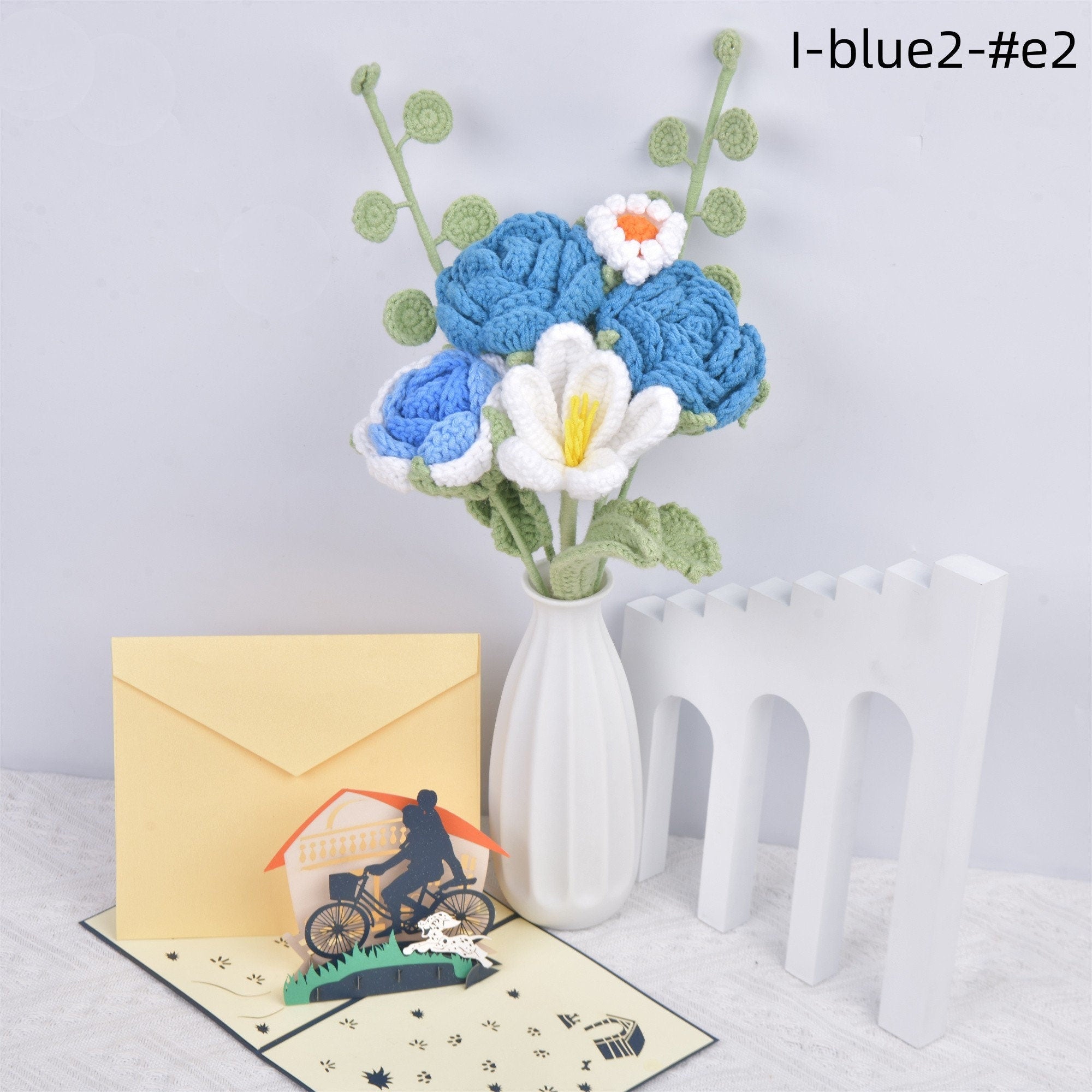 Handmade Blue Roses/Tulips/Daisy/Eucalyptus Crochet Bouquet with Gift Card