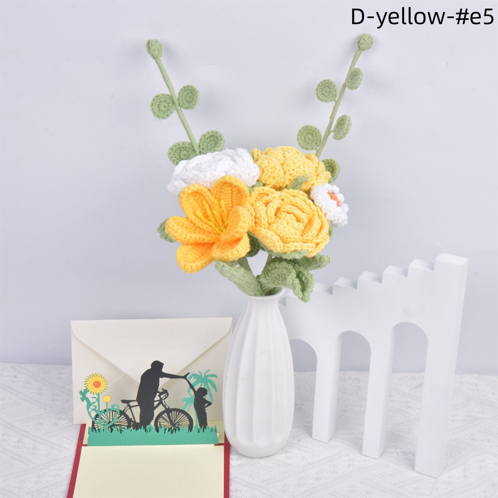 Handmade Knit Yellow Roses/Tulips/Daisy/Eucalyptus Crochet Bouquet with Gift Card
