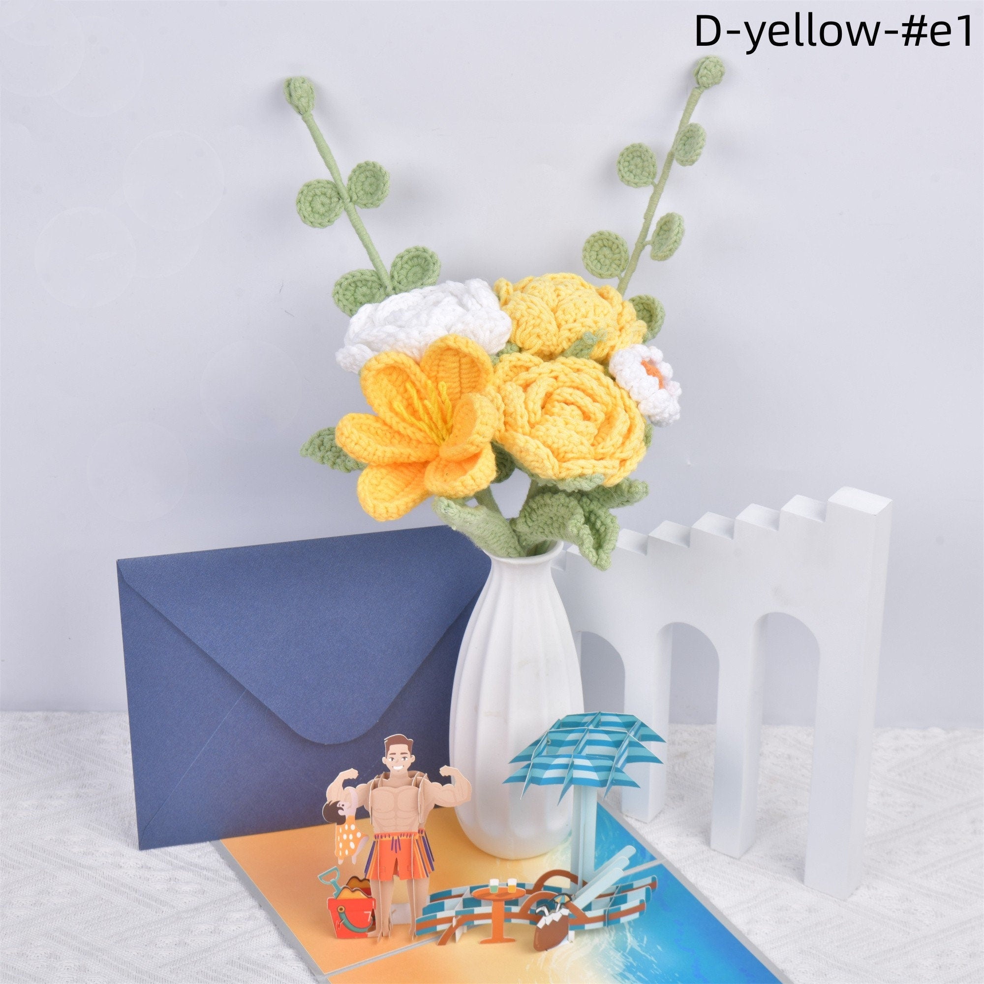 Handmade Knit Yellow Roses/Tulips/Daisy/Eucalyptus Crochet Bouquet with Gift Card