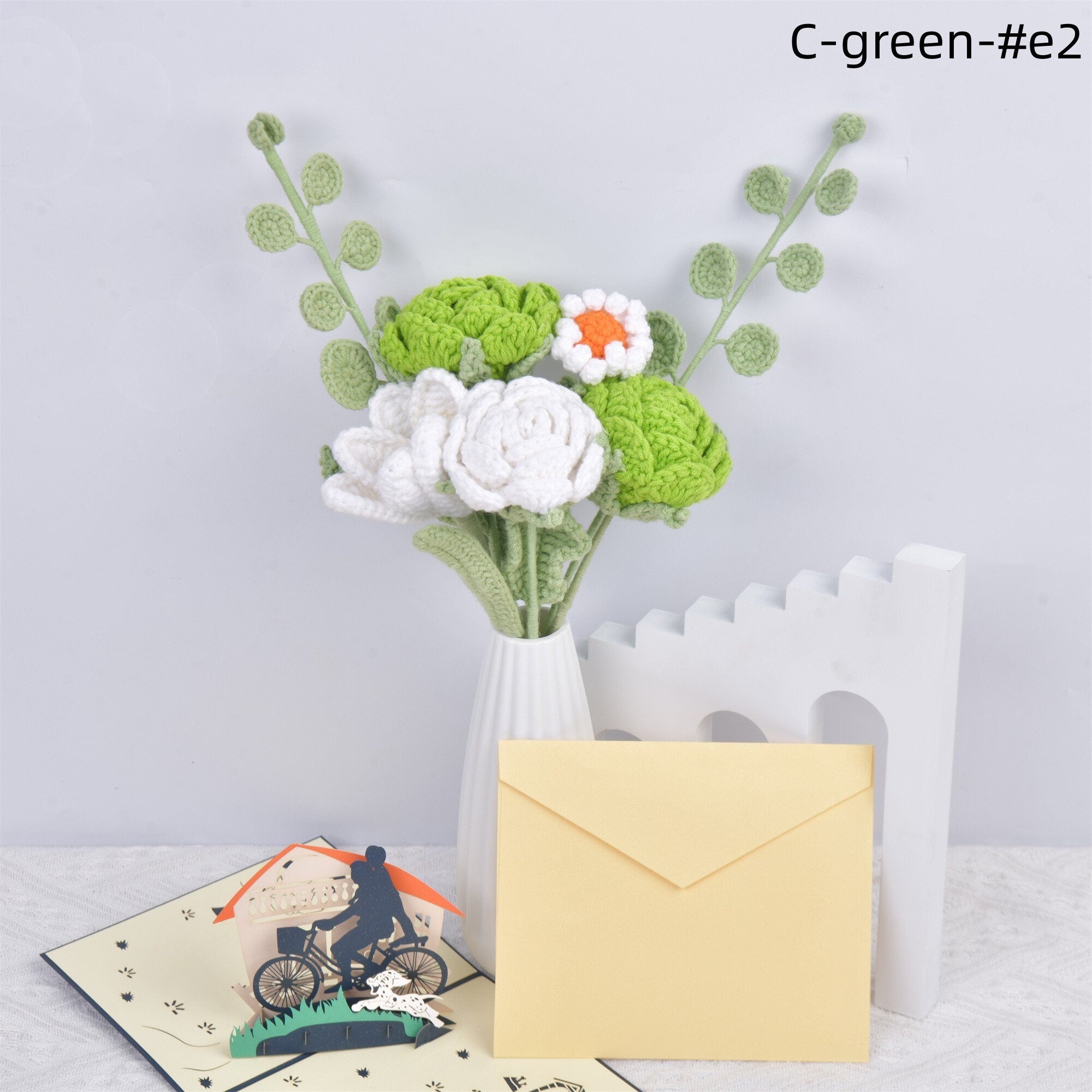 Handmade Green Roses/Tulips/Daisy/Eucalyptus Crochet Bouquet with Gift Card