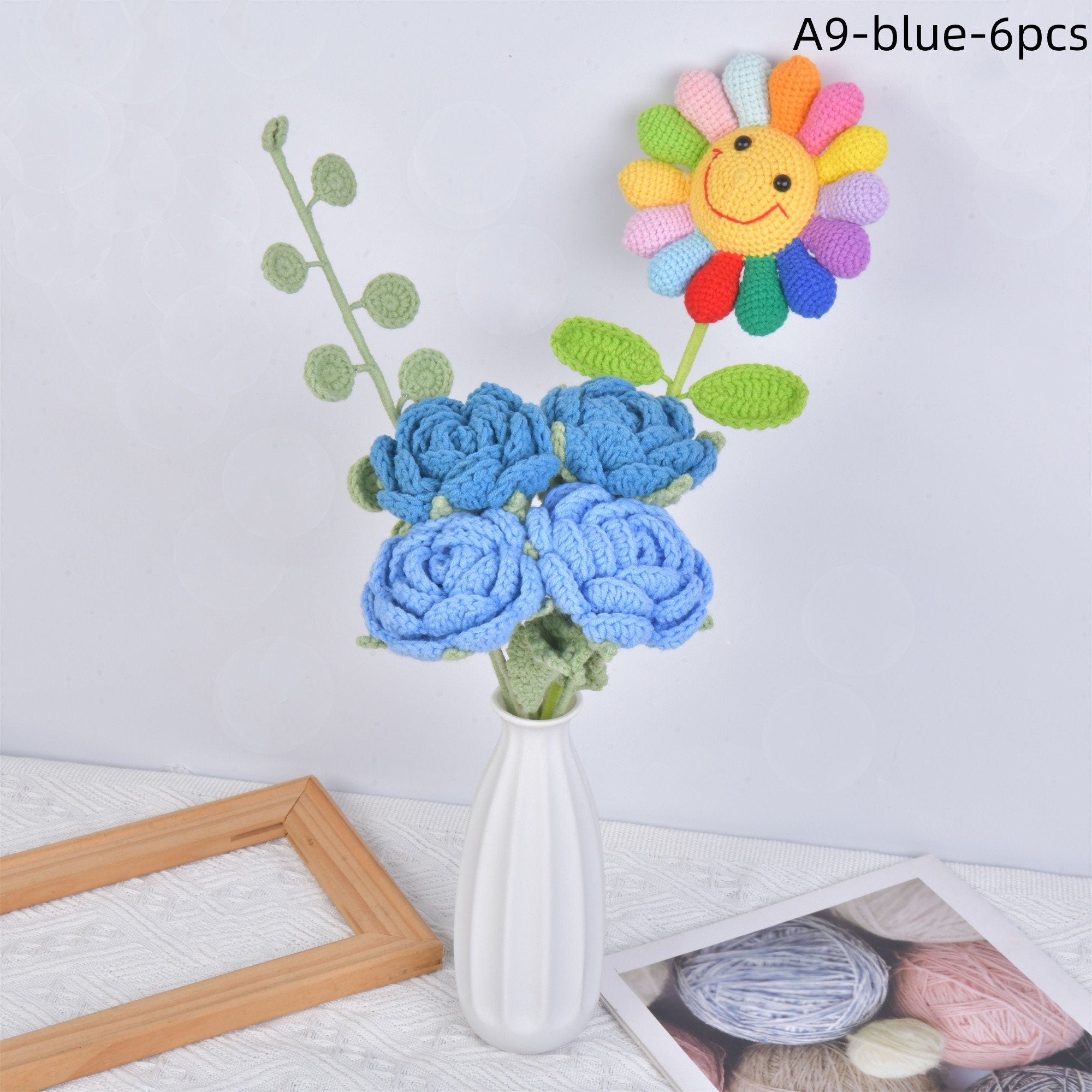 6PCS Handmade Rainbow Smile Sunflower/Roses/Eucalyptus Crochet Bouquet