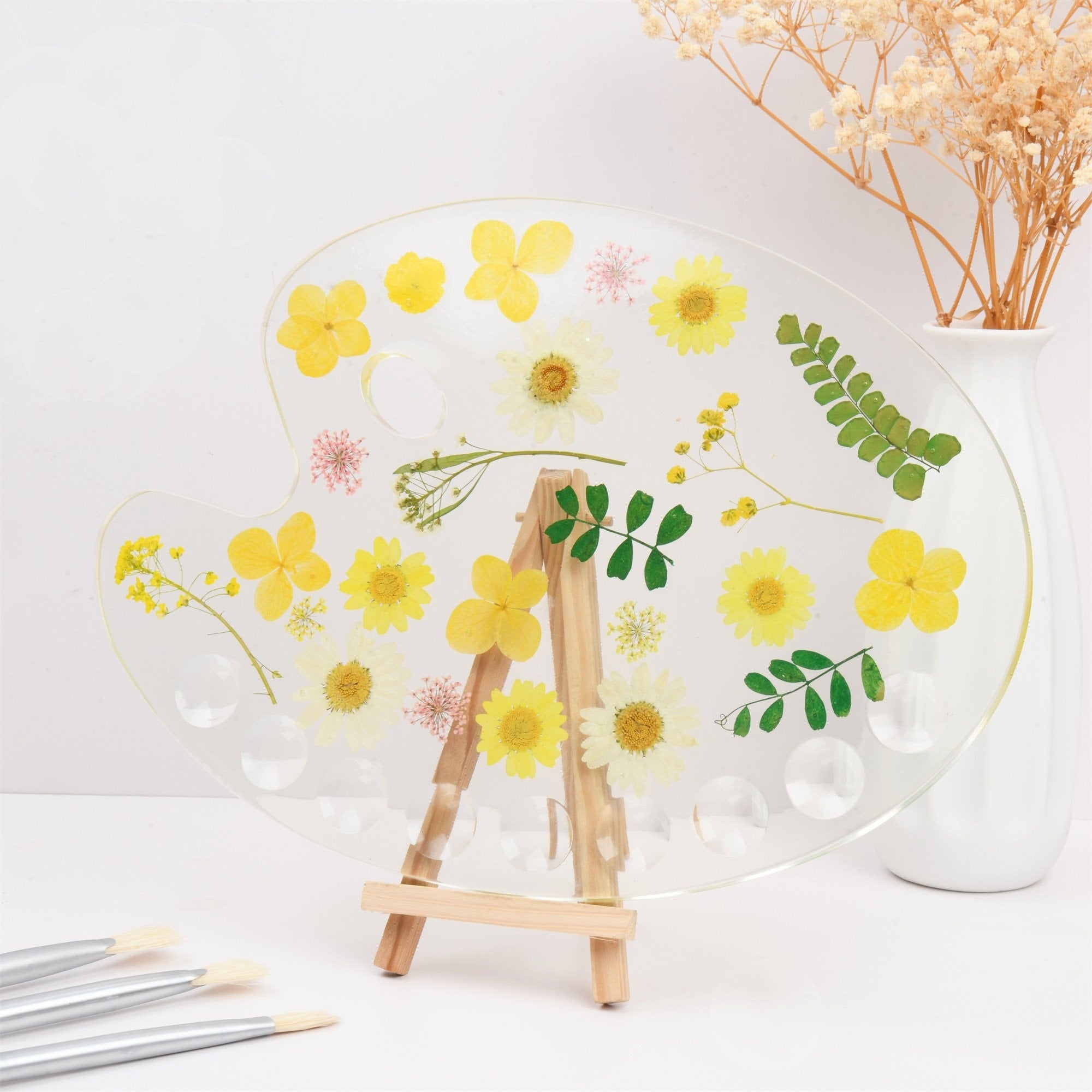 Yellow Pressed Flowers Resin Paint Palette,Handmade Creative Tool&Supplies Artist/Teacher