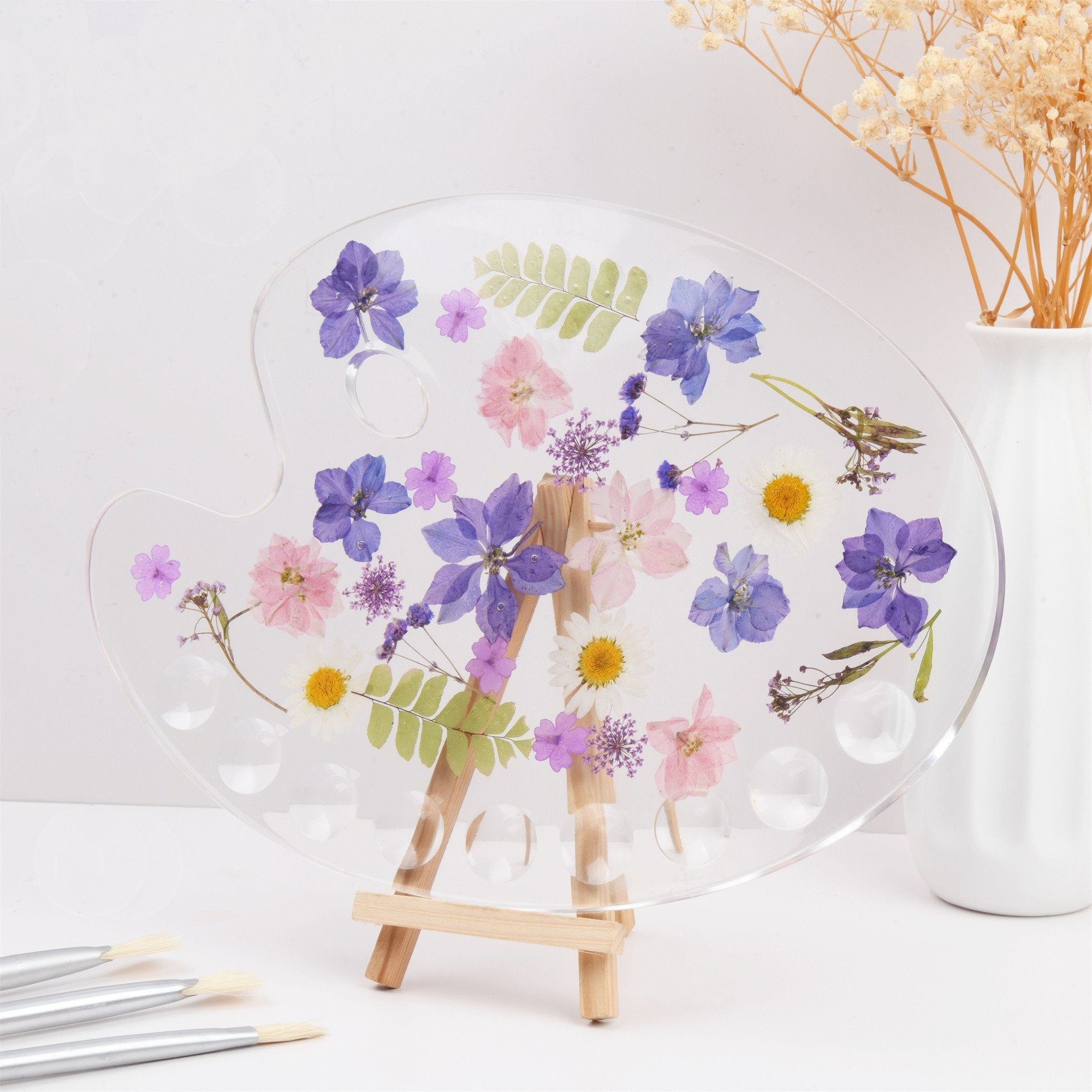 Handmade Purple Floral Resin Paint Palette, Wildflowers,Daisy,Leaves