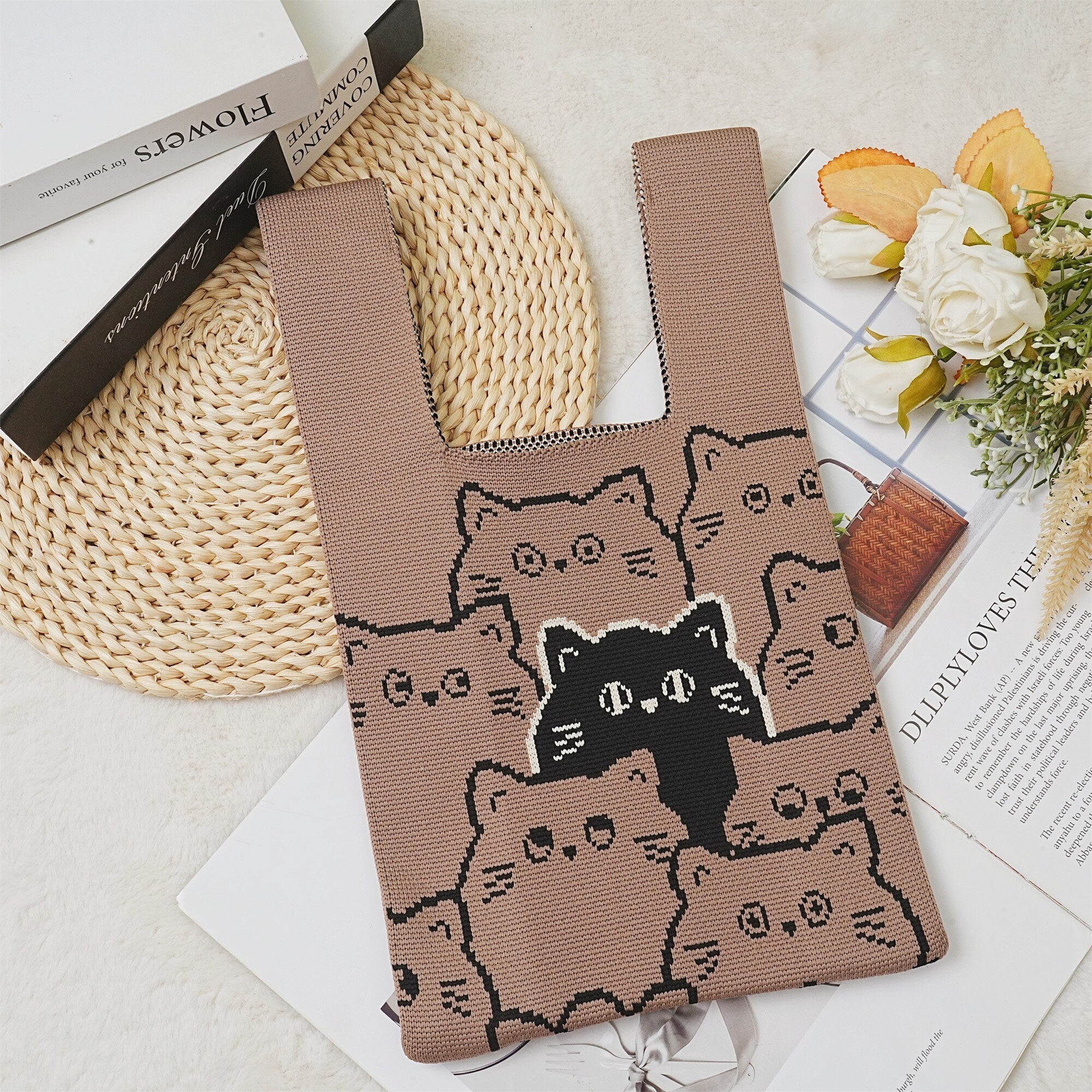 Crochet Cat Wrist Bag with Black Wave Webbing