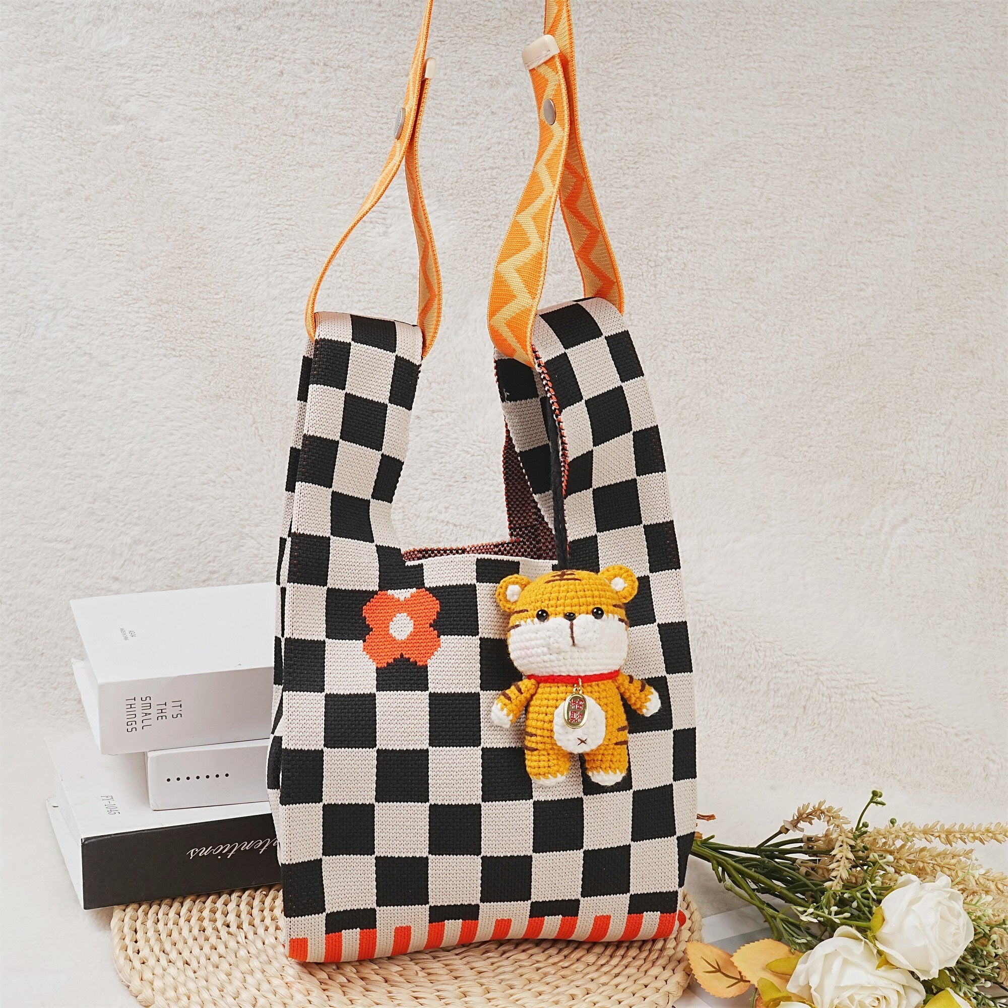 Crochet Checkerboard Orange Flower Wrist Bag