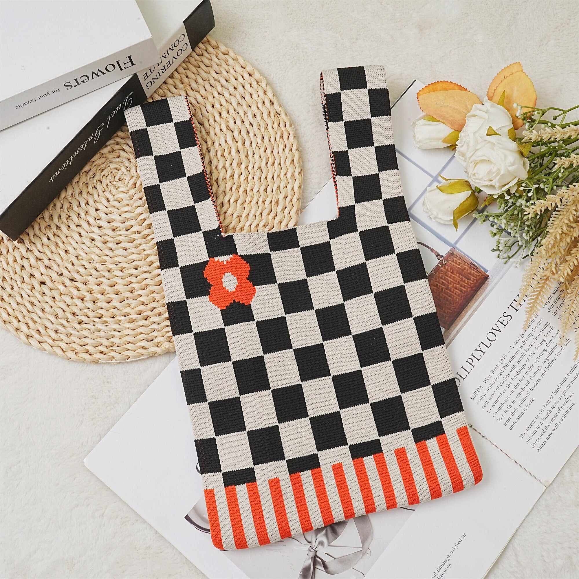 Crochet Checkerboard Orange Flower Wrist Bag