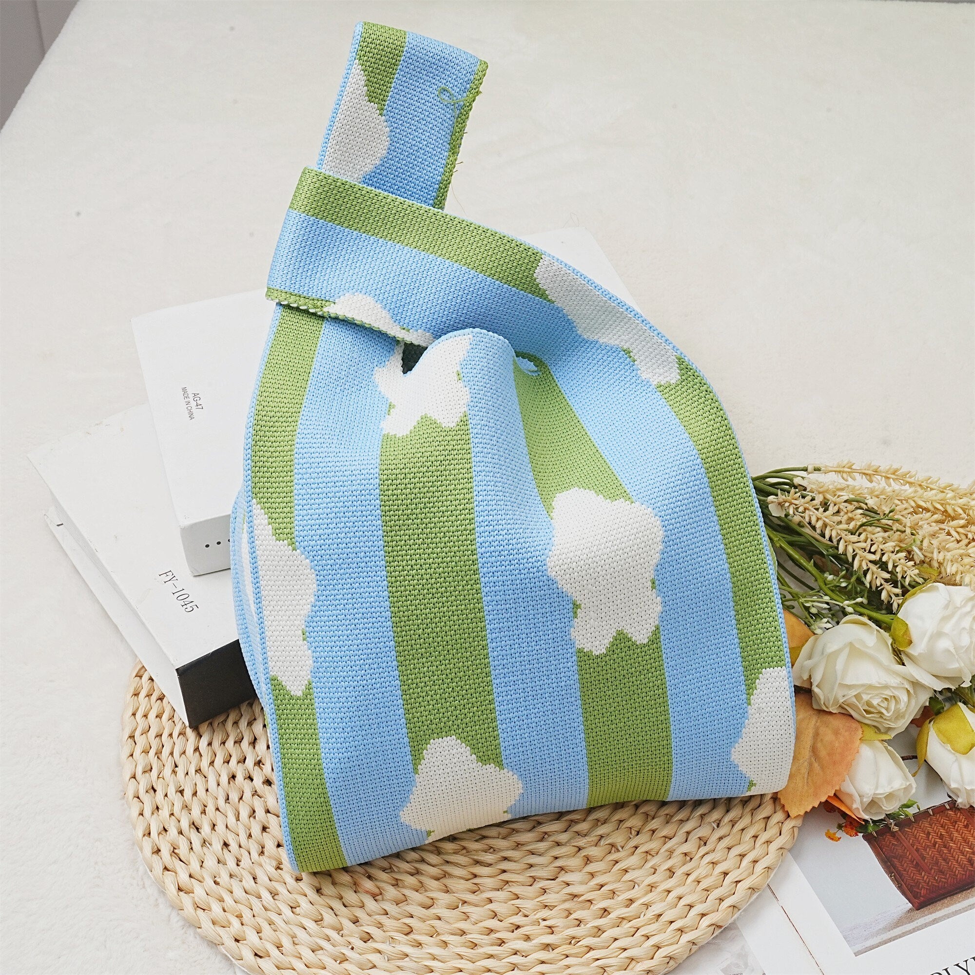 Green-blue Striped Crochet Cloud Wrist Bag