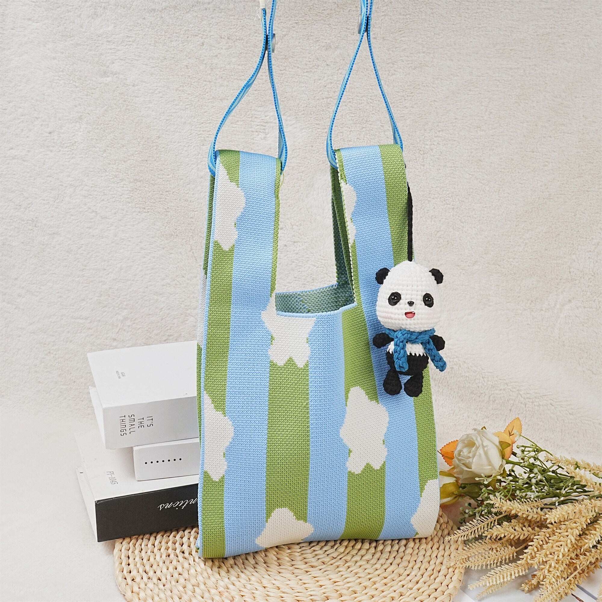 Green-blue Striped Crochet Cloud Wrist Bag