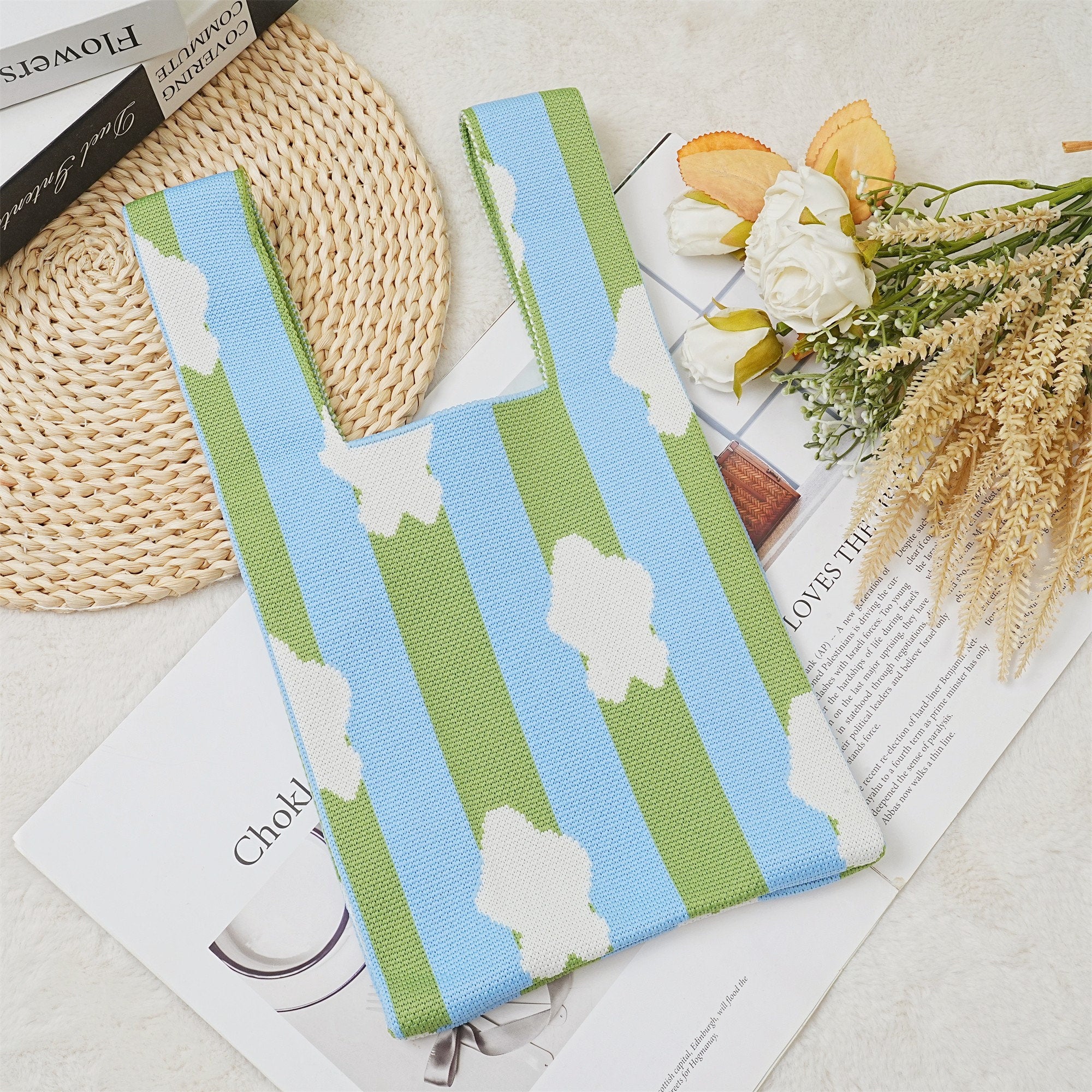 Green-blue Striped Crochet Cloud Wrist Bag