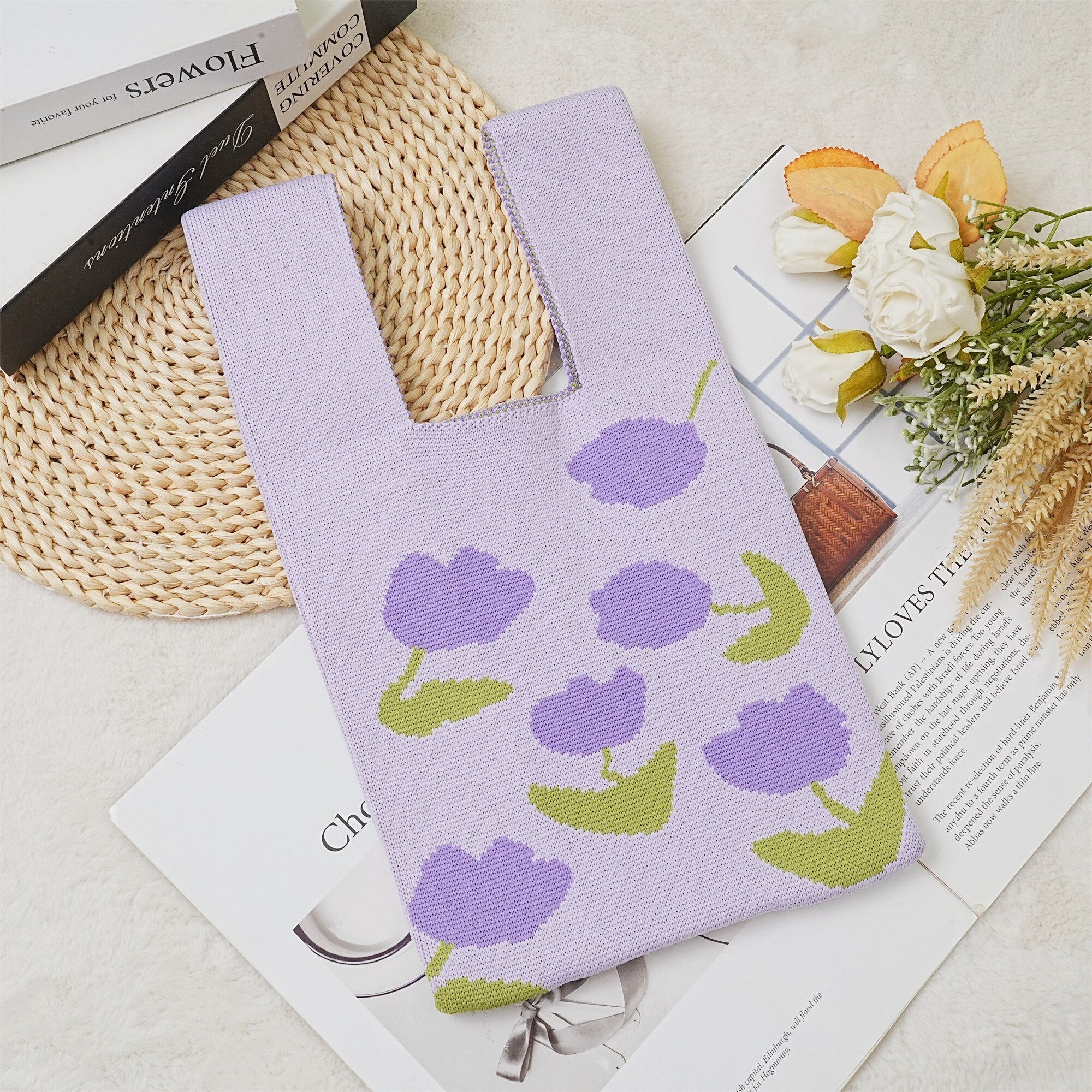 Crochet Purple Tulips Wrist Bag