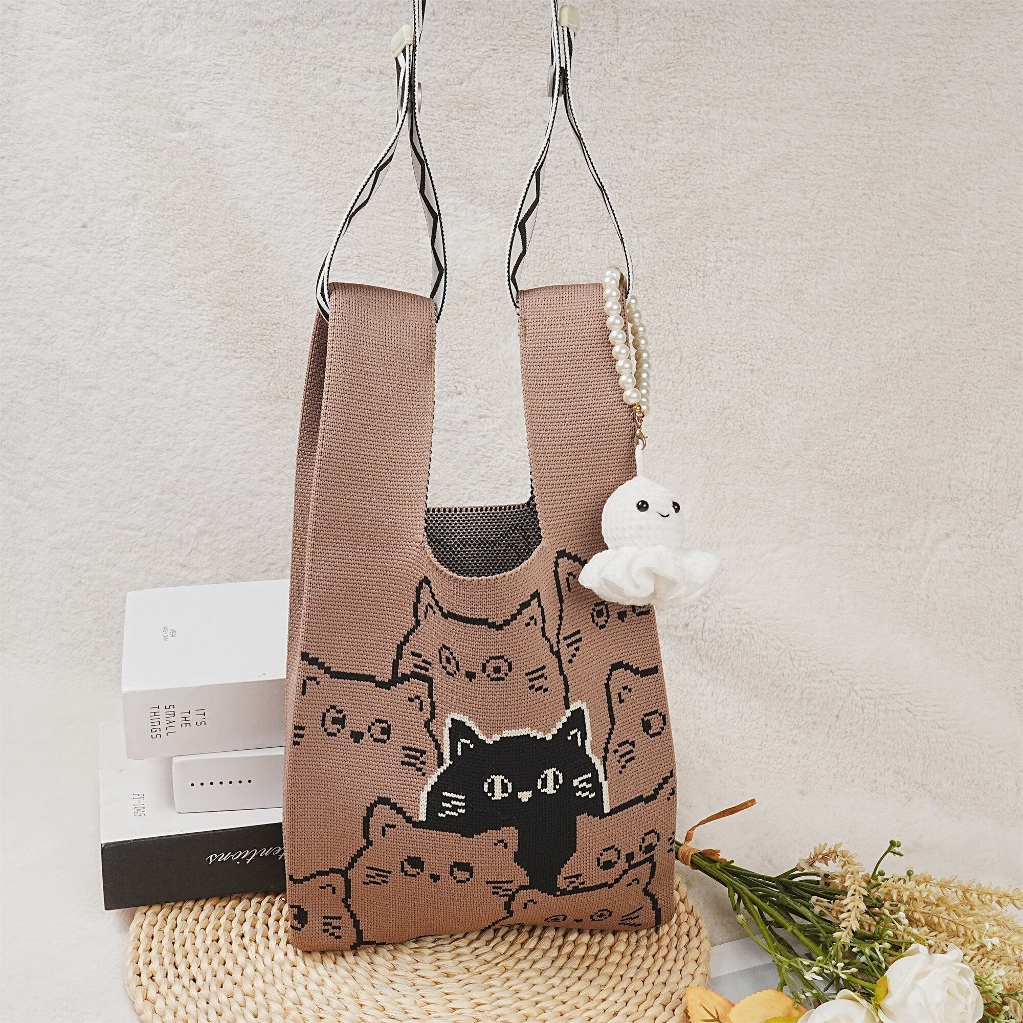 Crochet Cat Wrist Bag with Black Wave Webbing