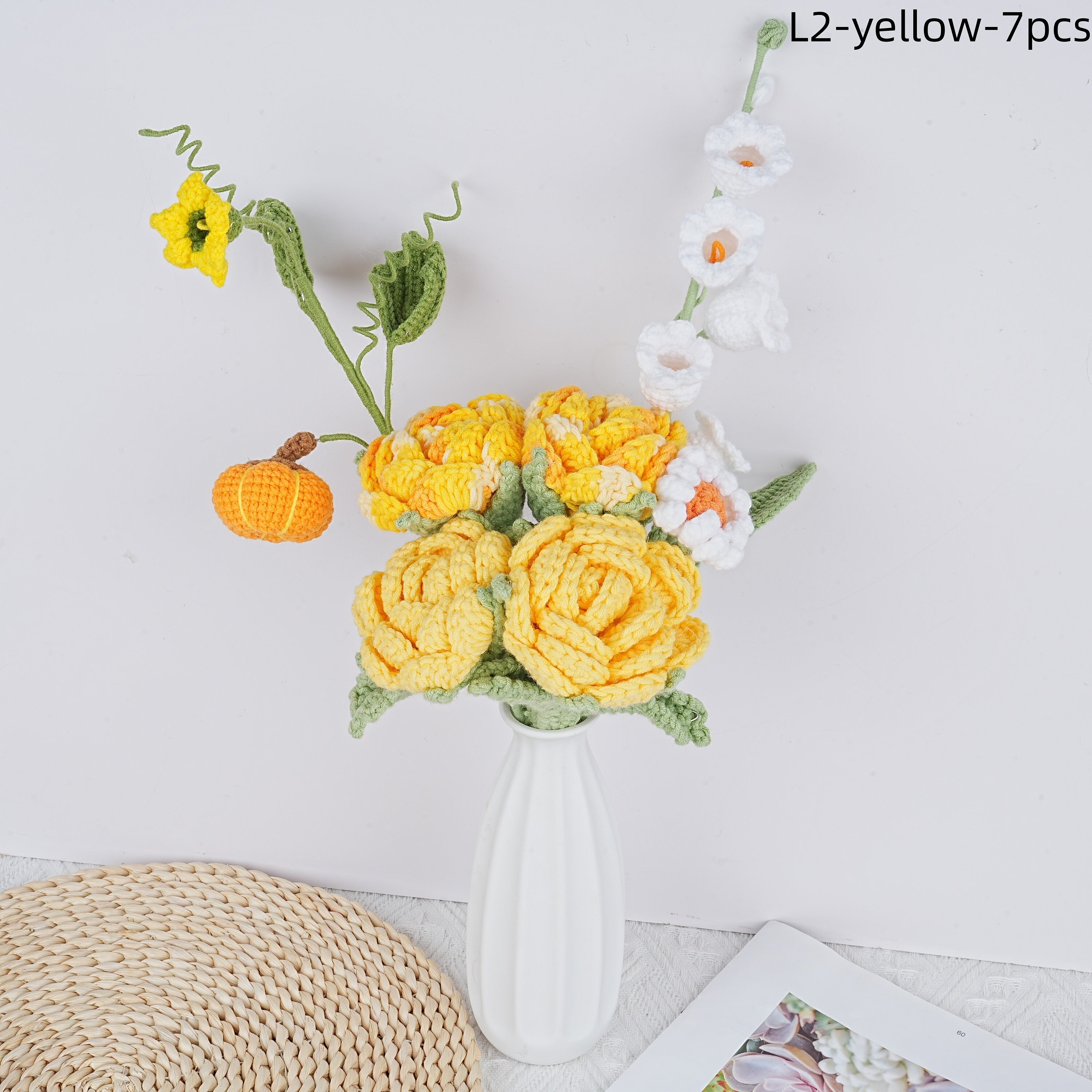 7PCS Handmade Rose Pumpkin Lily of the Valley and Daisy Crochet Bouquet