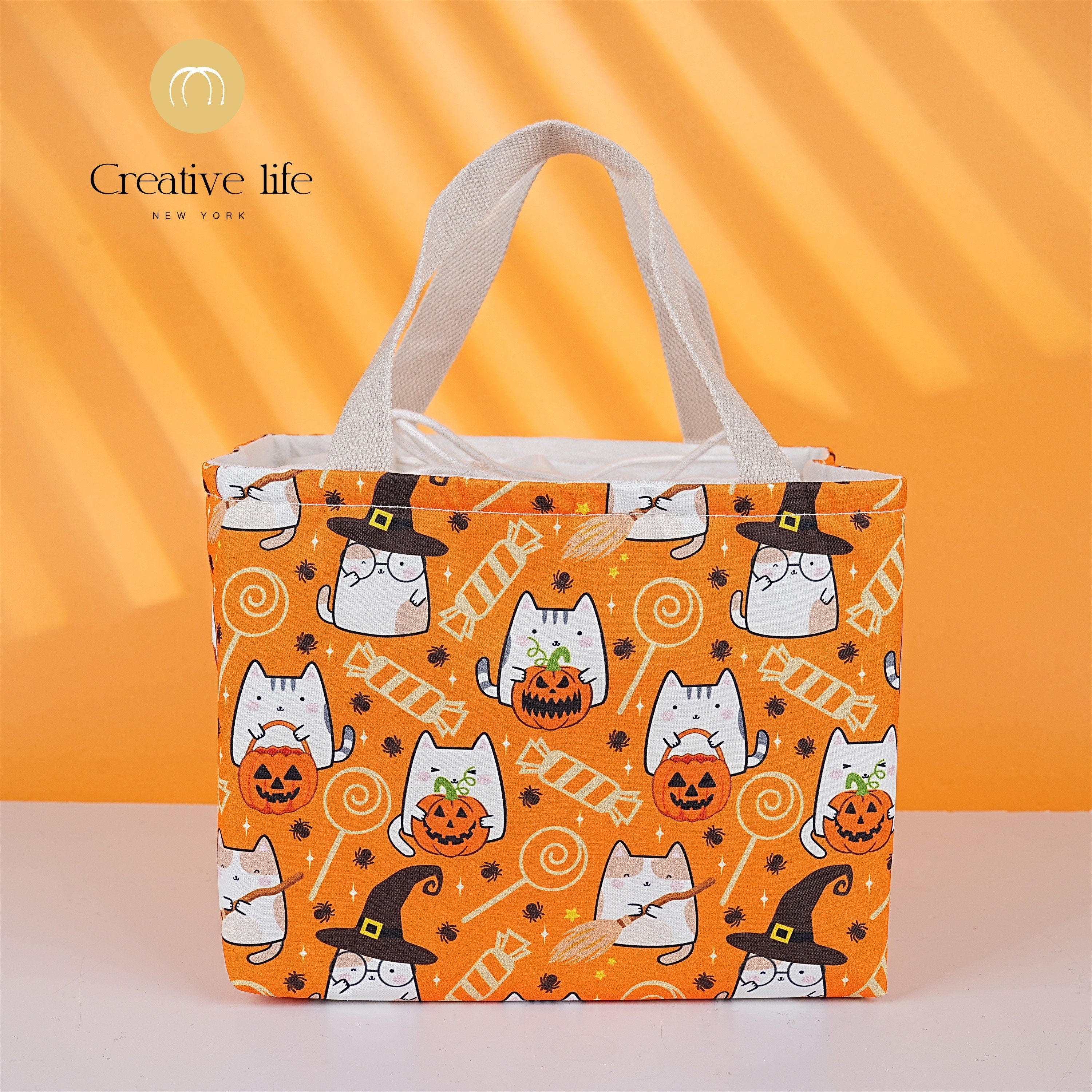 Handmade XL Halloween Pumpkin&Cat Insulated Lunch Bag