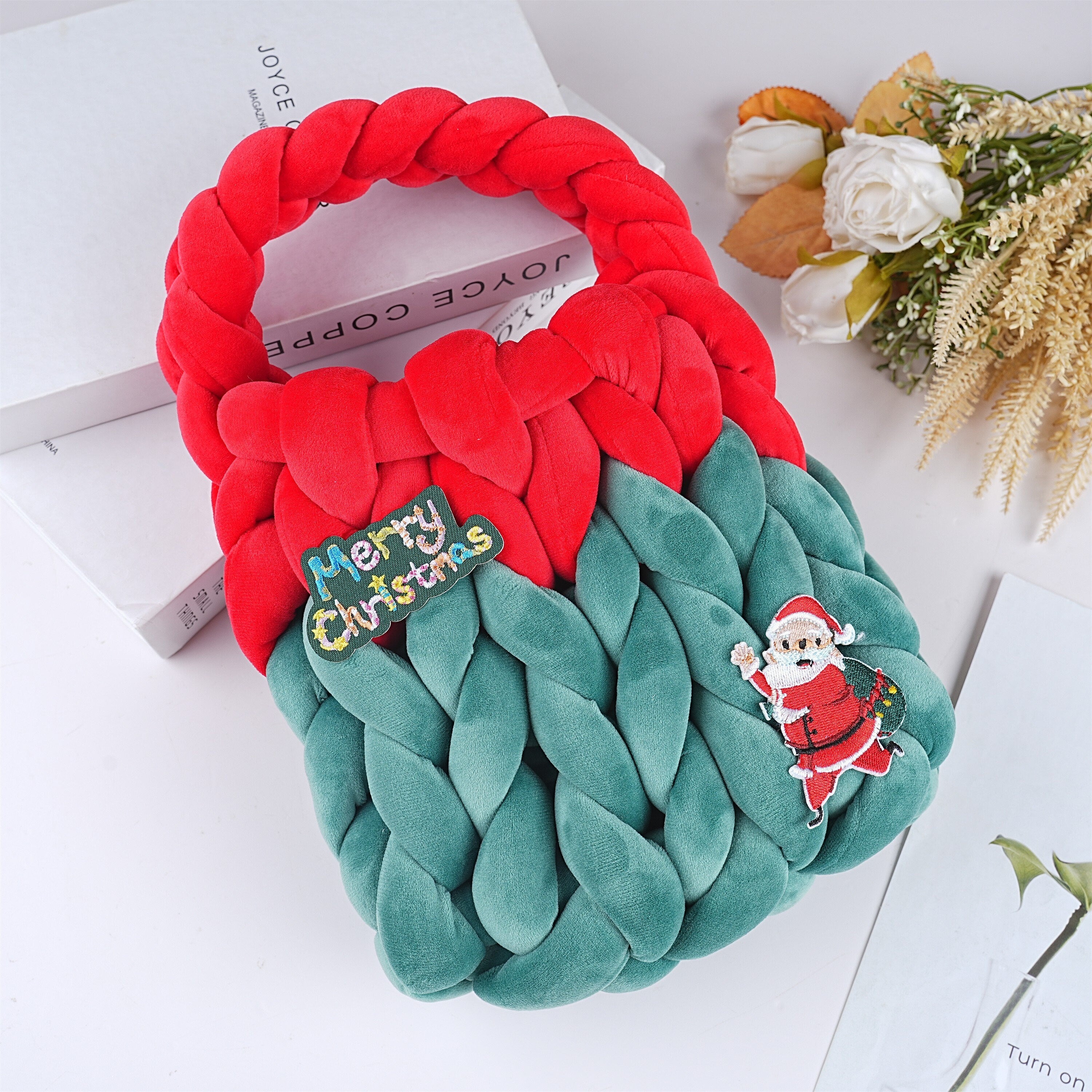 Handmade Green Red Christmas Flannel Woven Tote Bag