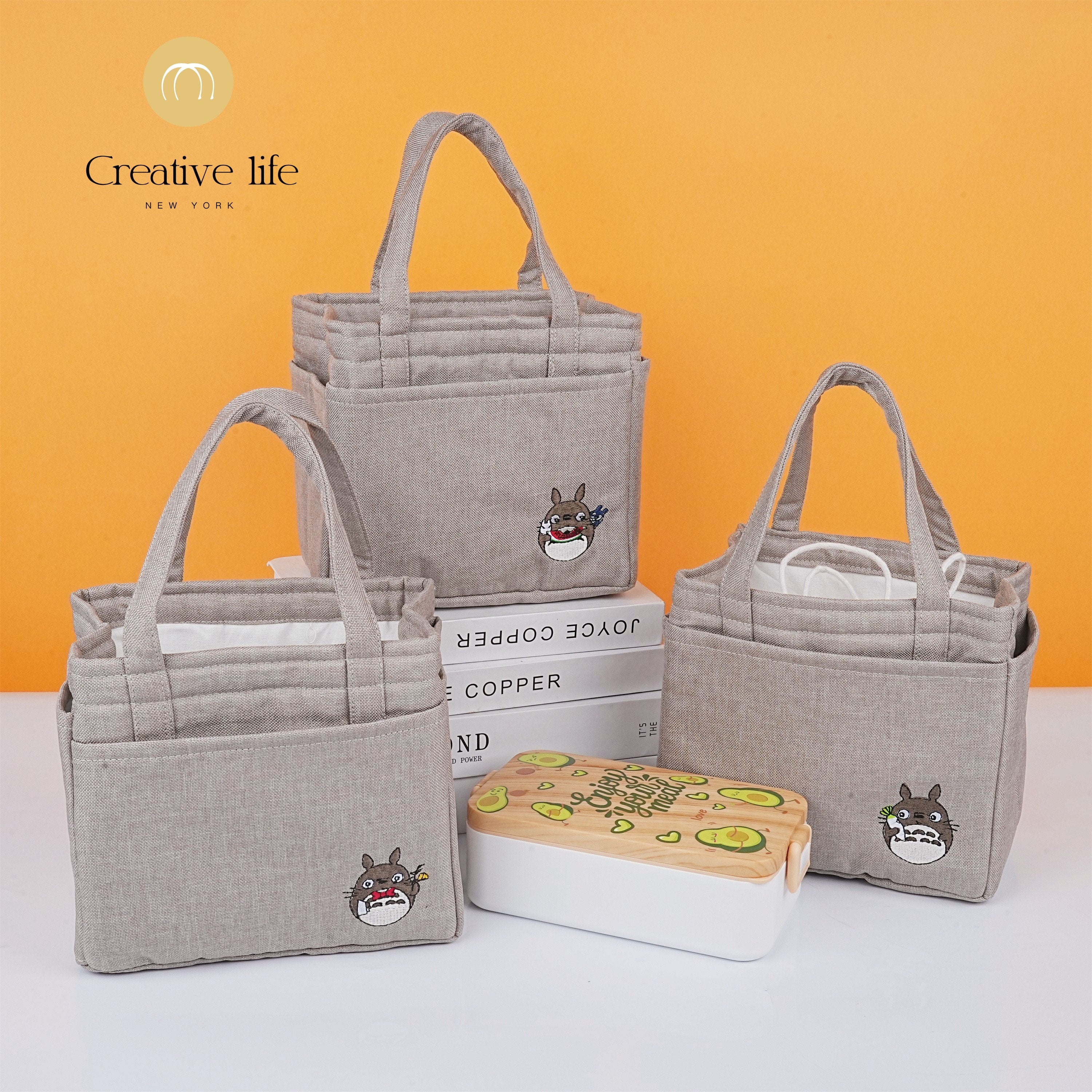 Handmade Embroidered Totoro Pattern Canvas Lunch Bag with Heat Insulated