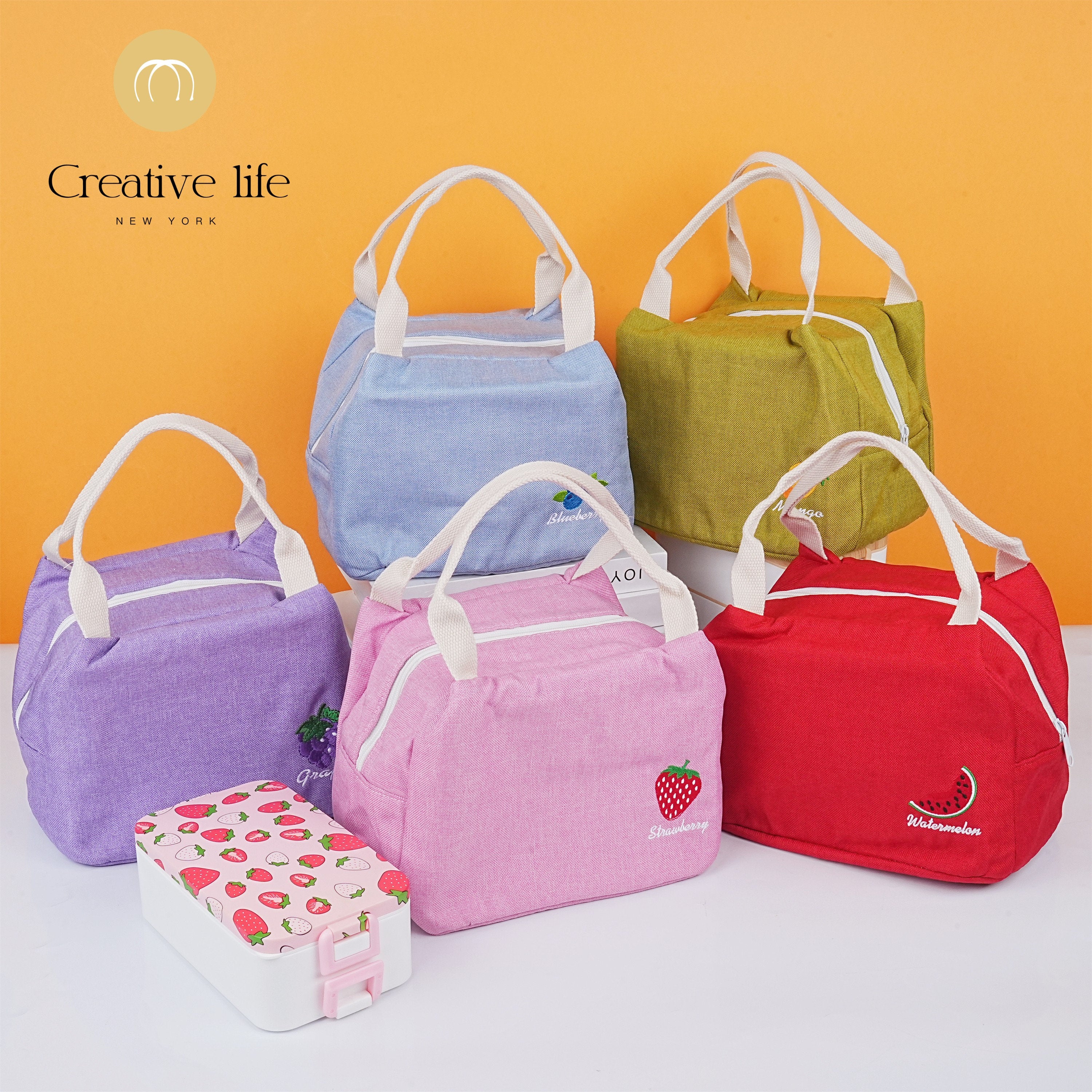 Handmade Embroidered Fruit Pattern Canvas Zipper Lunch Bag