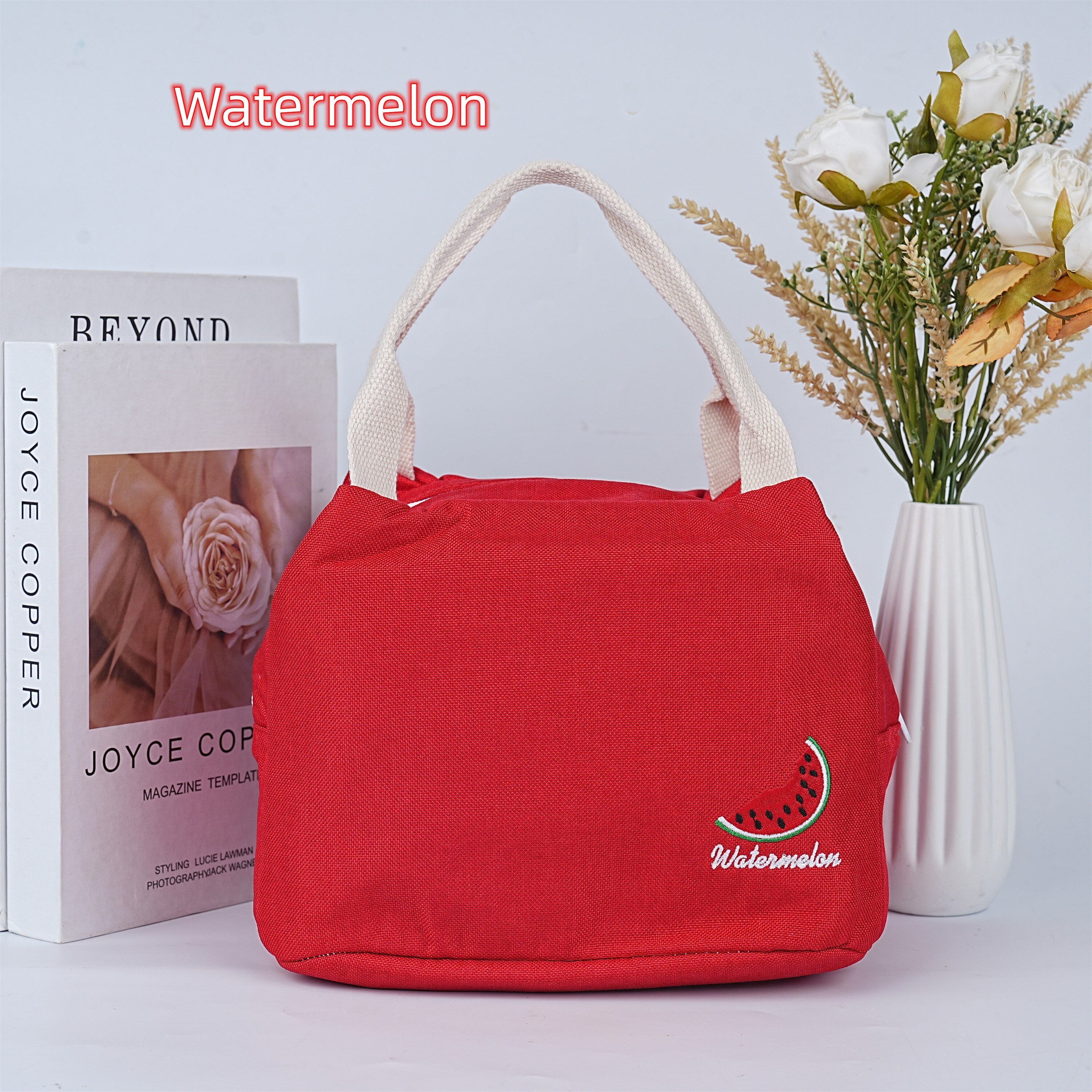 Handmade Embroidered Fruit Pattern Canvas Zipper Lunch Bag