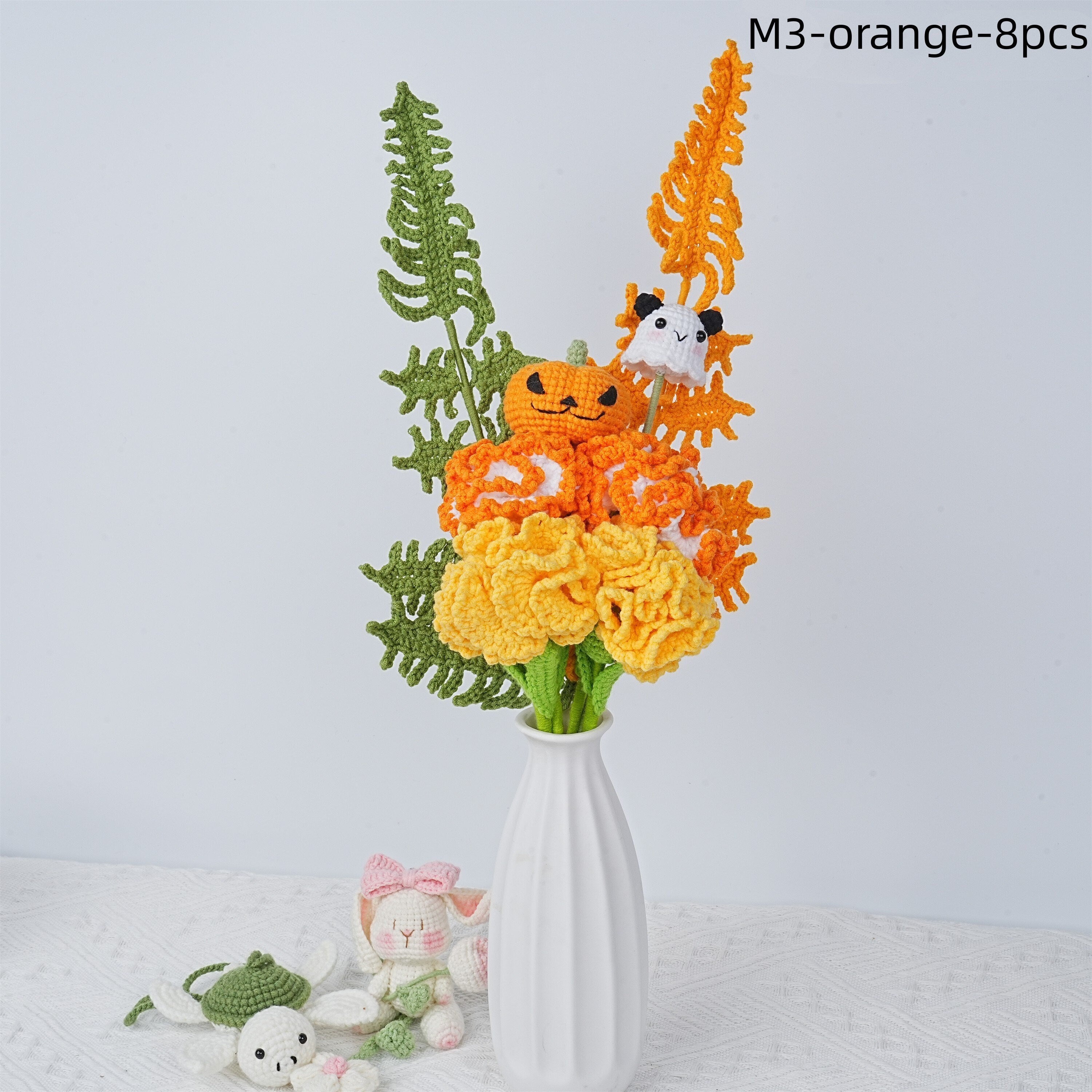 8PCS Handmade Rose Fern Leaf Devil Pumpkin Crochet Bouquet