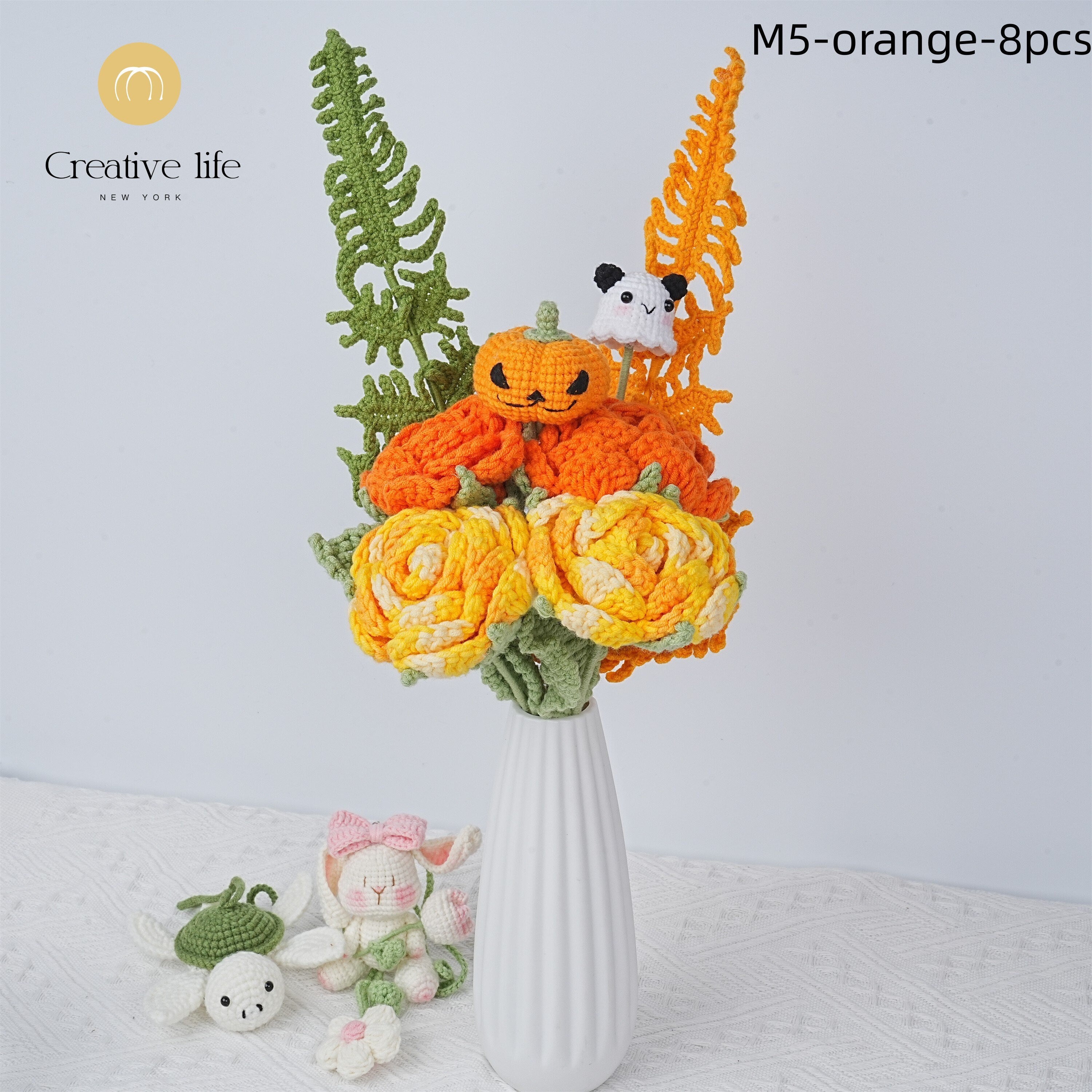 8PCS Handmade Rose Fern Leaf Devil Pumpkin Crochet Bouquet