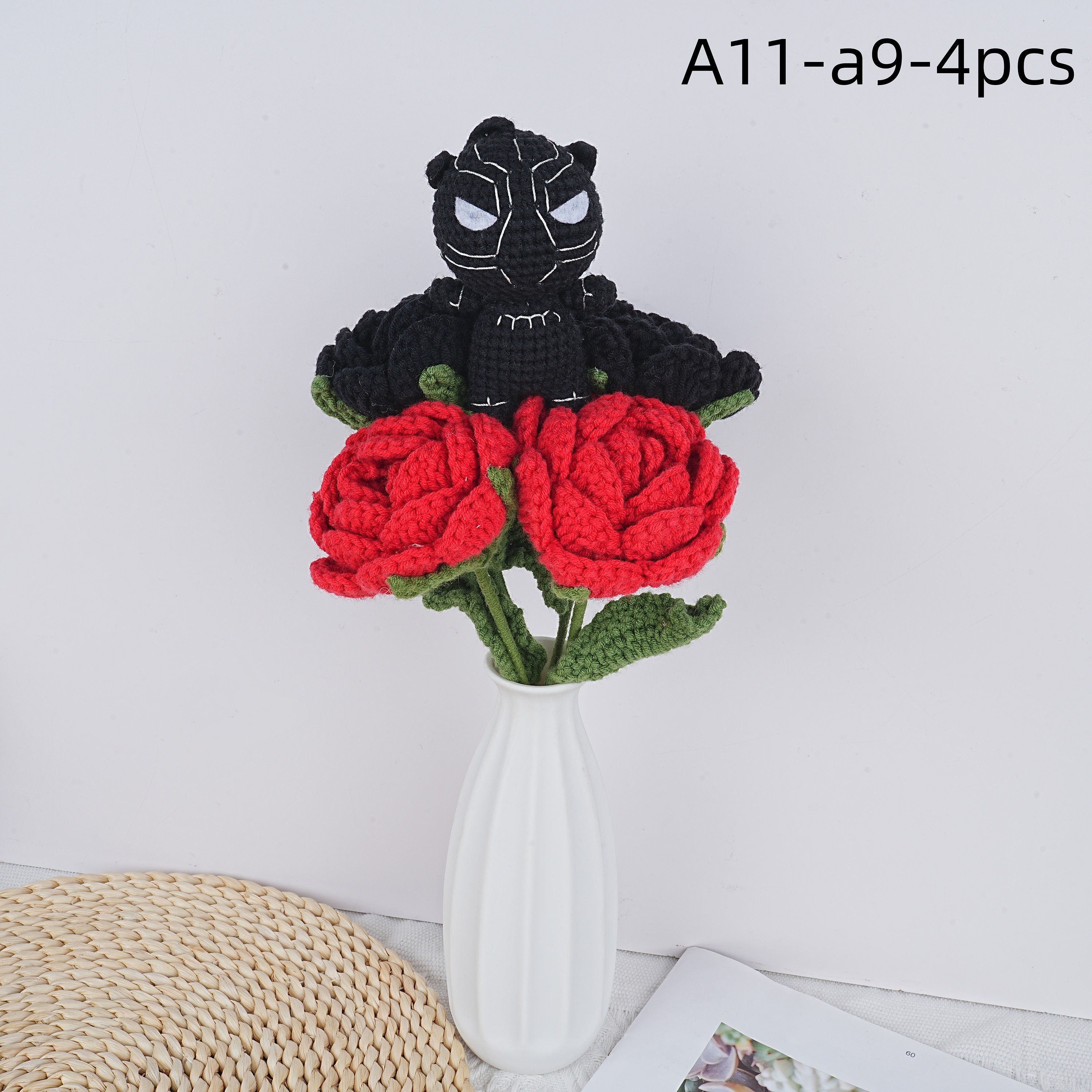 Handmade The Avengers Doll Red Black Roses Crochet Bouquet