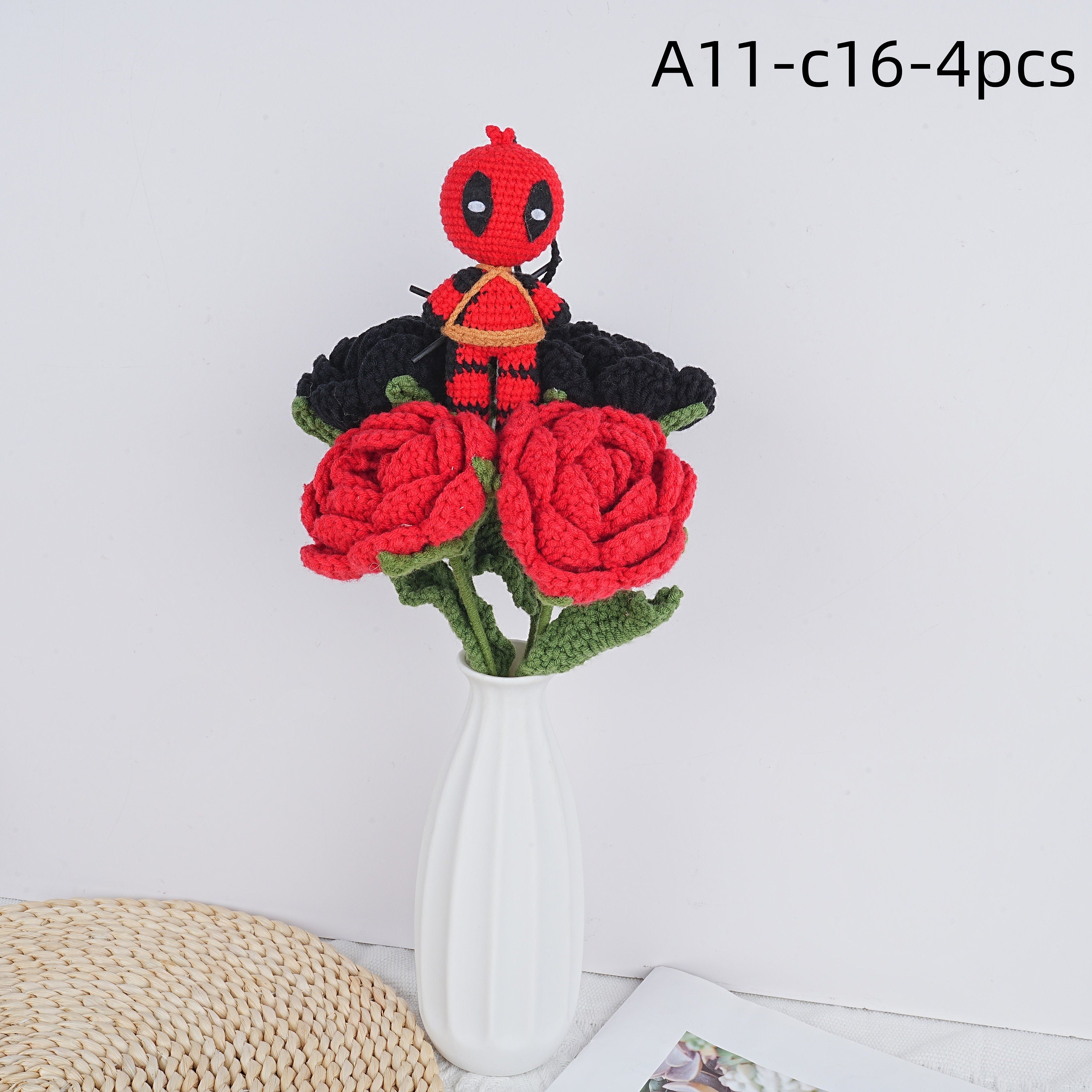Handmade The Avengers Doll Red Black Roses Crochet Bouquet