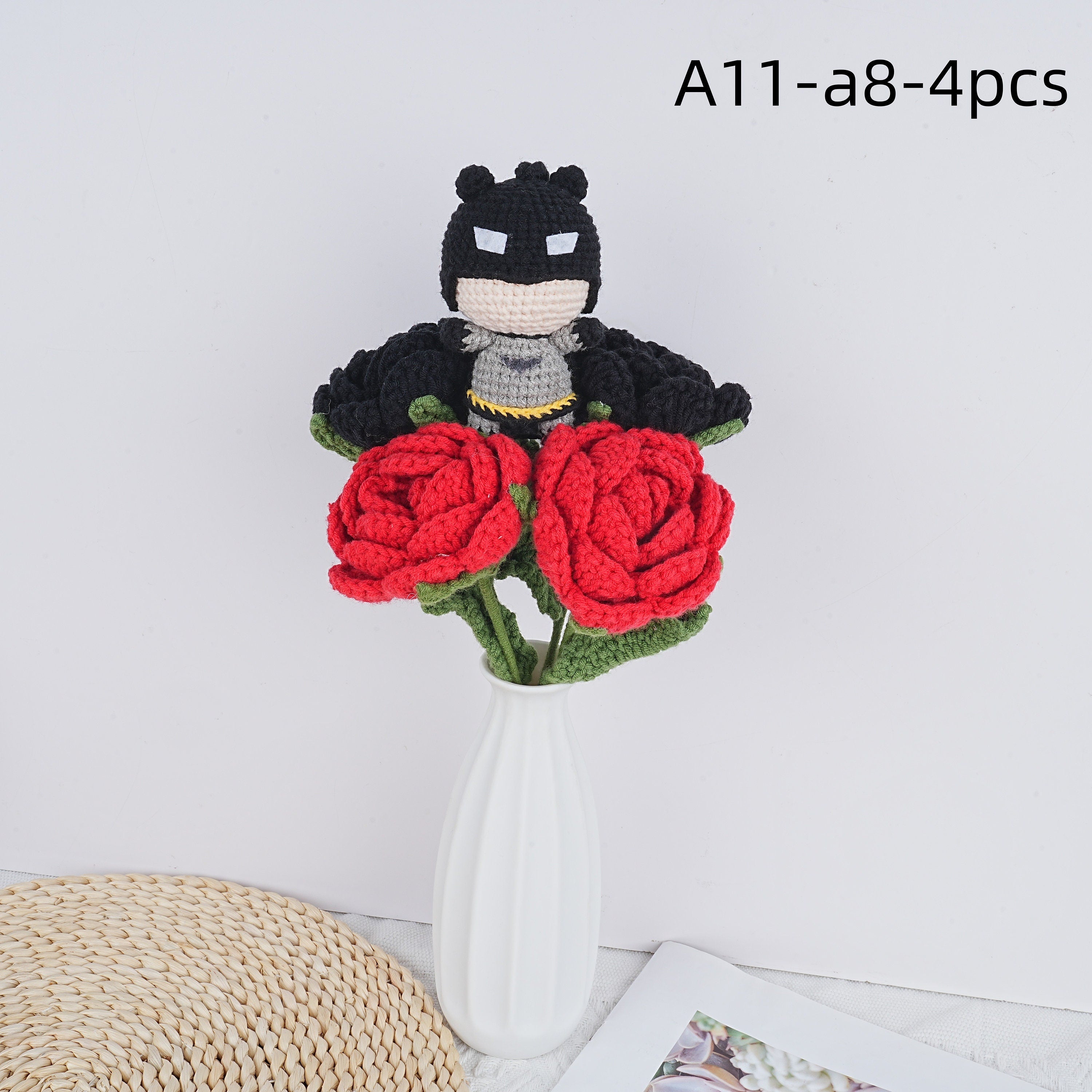 Handmade The Avengers Doll Red Black Roses Crochet Bouquet