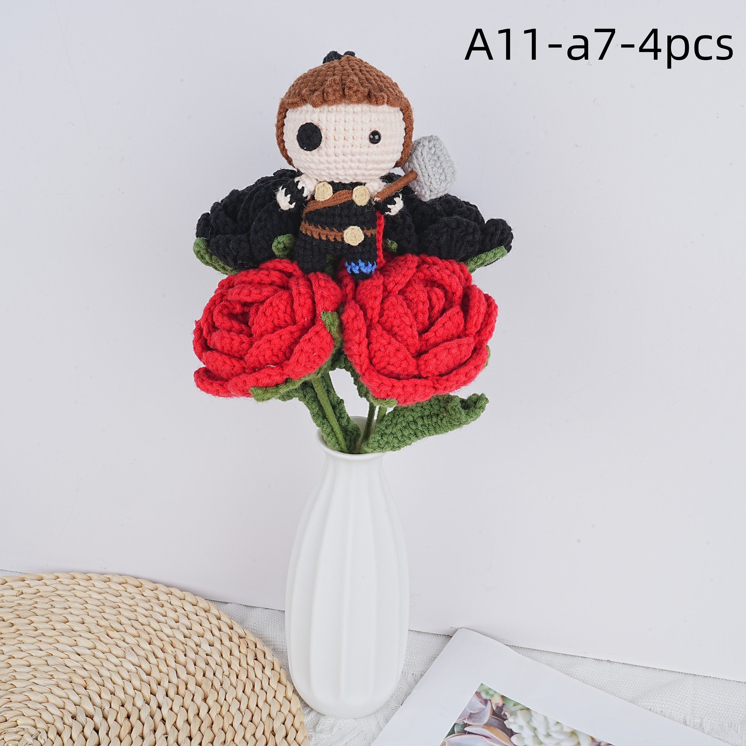 Handmade The Avengers Doll Red Black Roses Crochet Bouquet